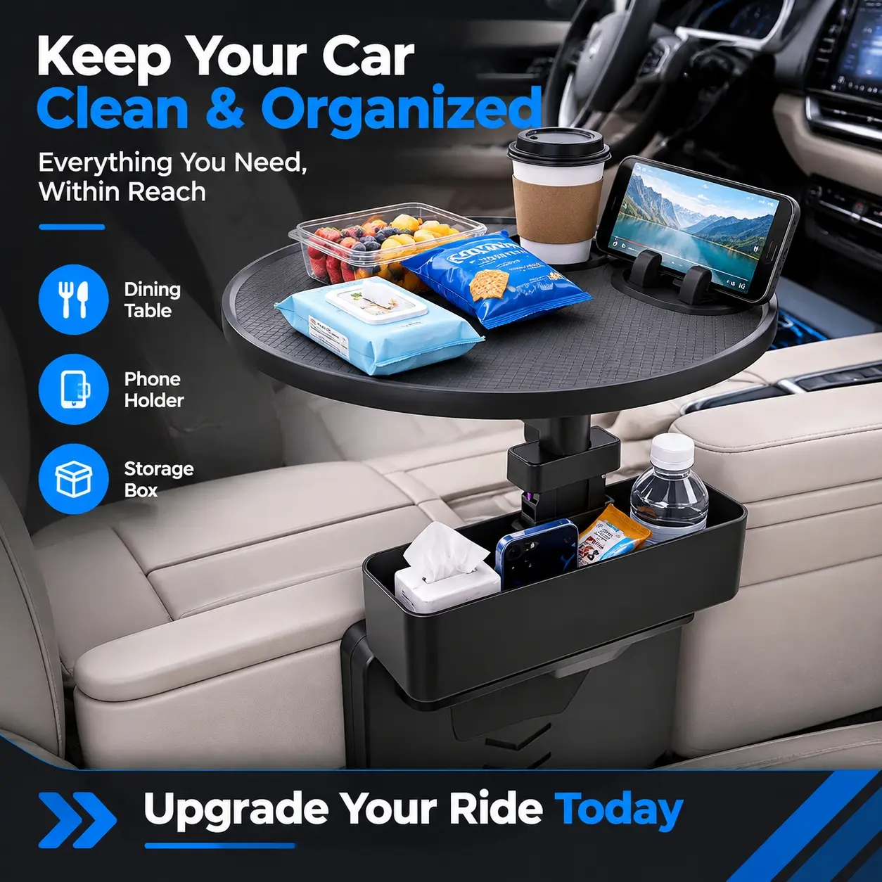 Height Adjustable Rotatable Car Console Table, Multi‑Function Vehicle Food Work Tray with Cup Slot Storage Box for In‑Car Dining Working