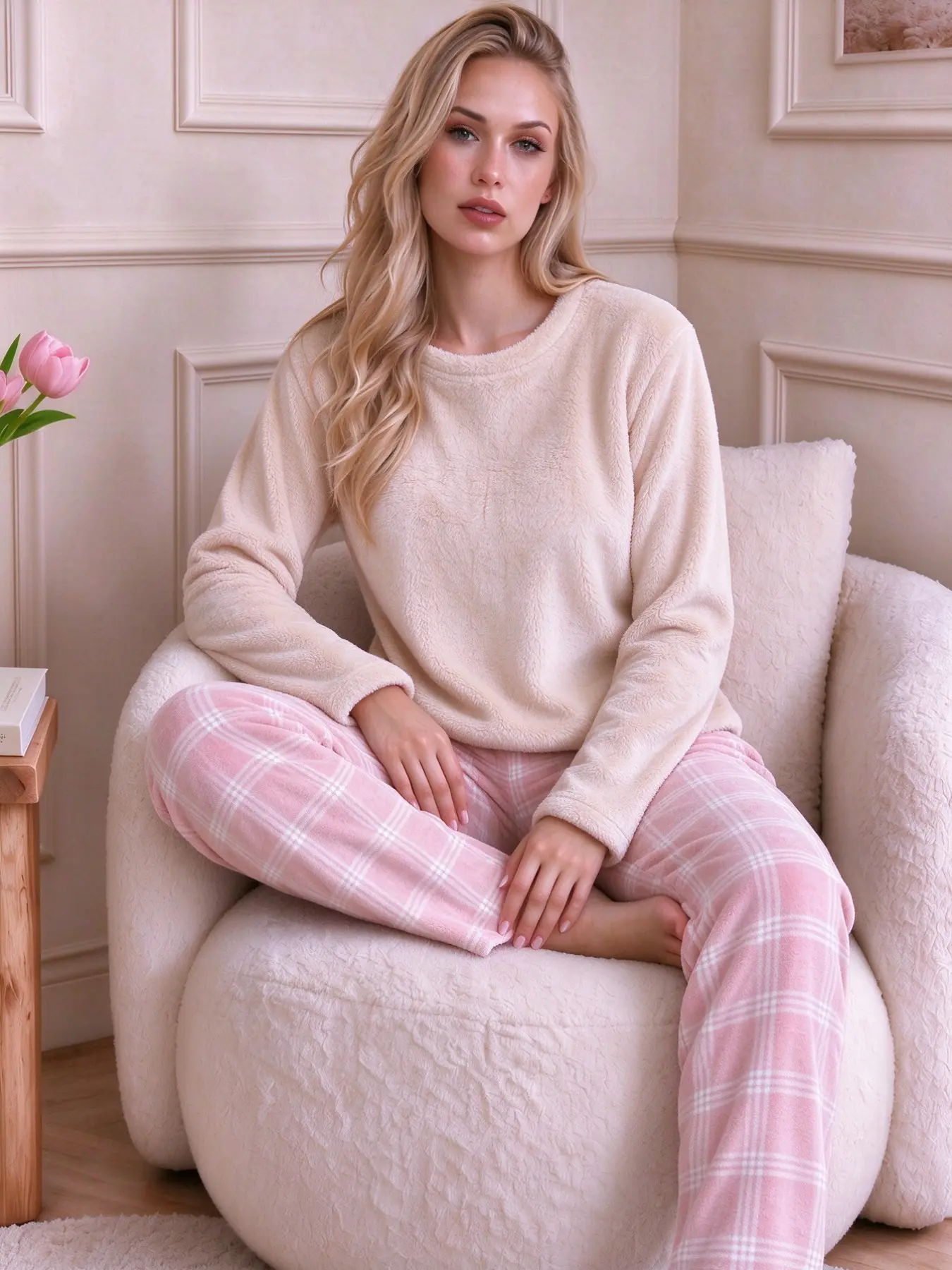 Solid Fleece Top Plaid Pants Pajama Set Women Black Crew Neck Long Sleeve Winter Warm Loungewear Sleepwear Pjs