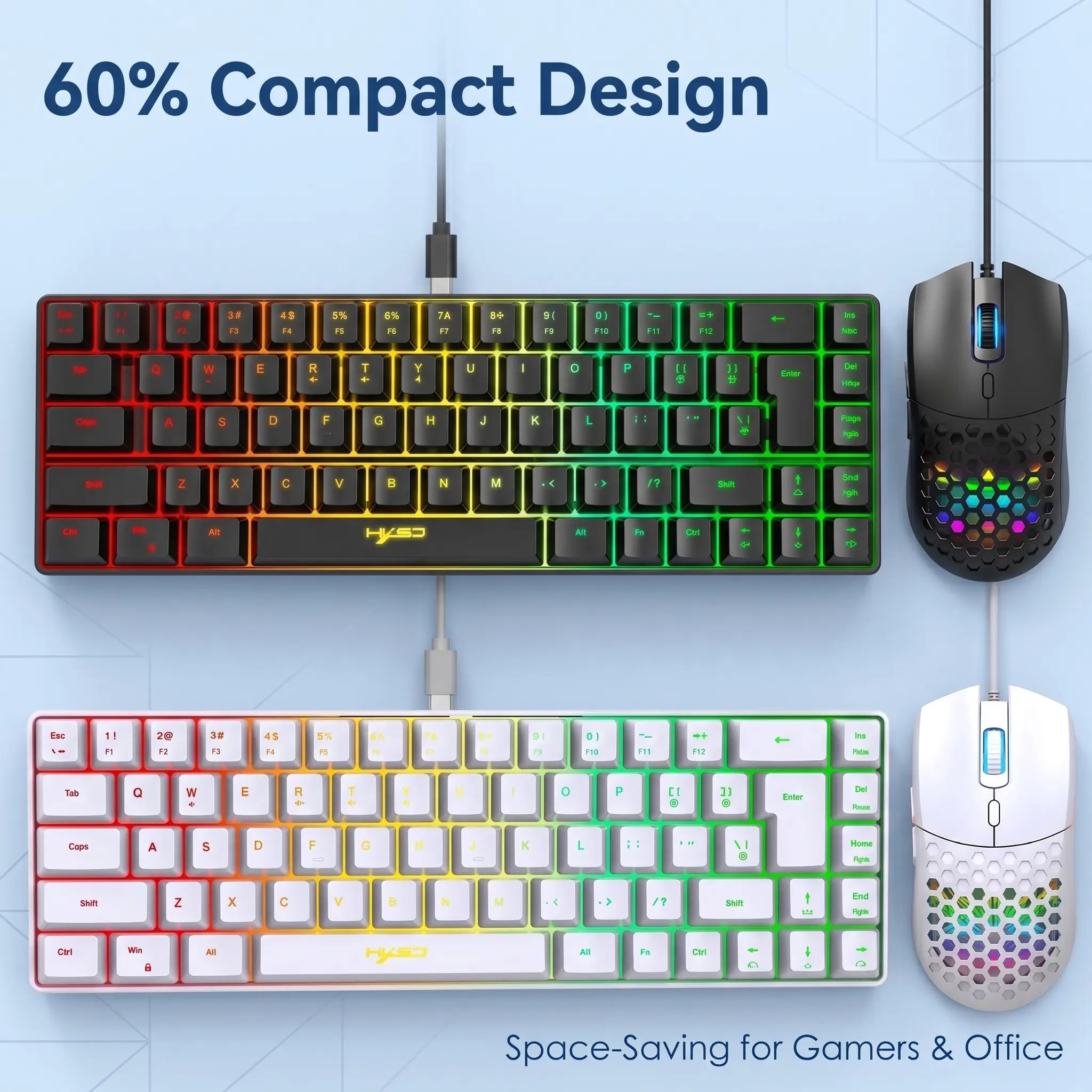 Hxsj 60% Ultra Compact Wired Gaming Keyboard & Mouse Combo, RGB Backlit, Durable Abs, 5 Programmable Buttons, USB for PC Laptop MAC, Keyboard Mouse Set