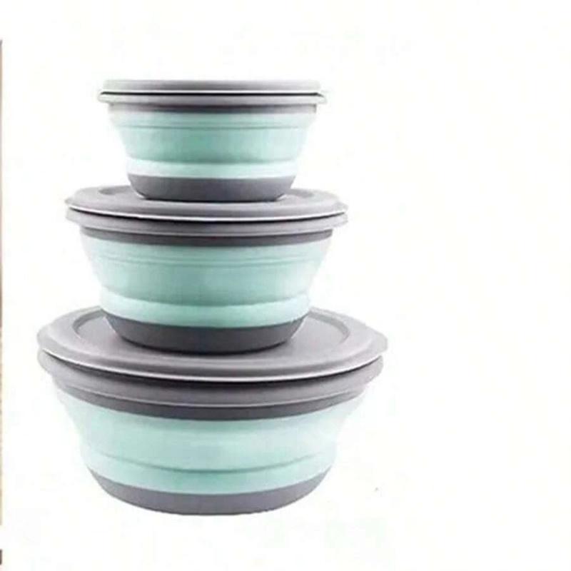 3-Piece Collapsible Silicone Bowl Set with Leak-Proof Lids, BPA-Free Stackable Food Storage Containers, Space-Saving Design, Great for Meal Preparation, Camping, Travel, Picnic and Daily Kitchen Storage