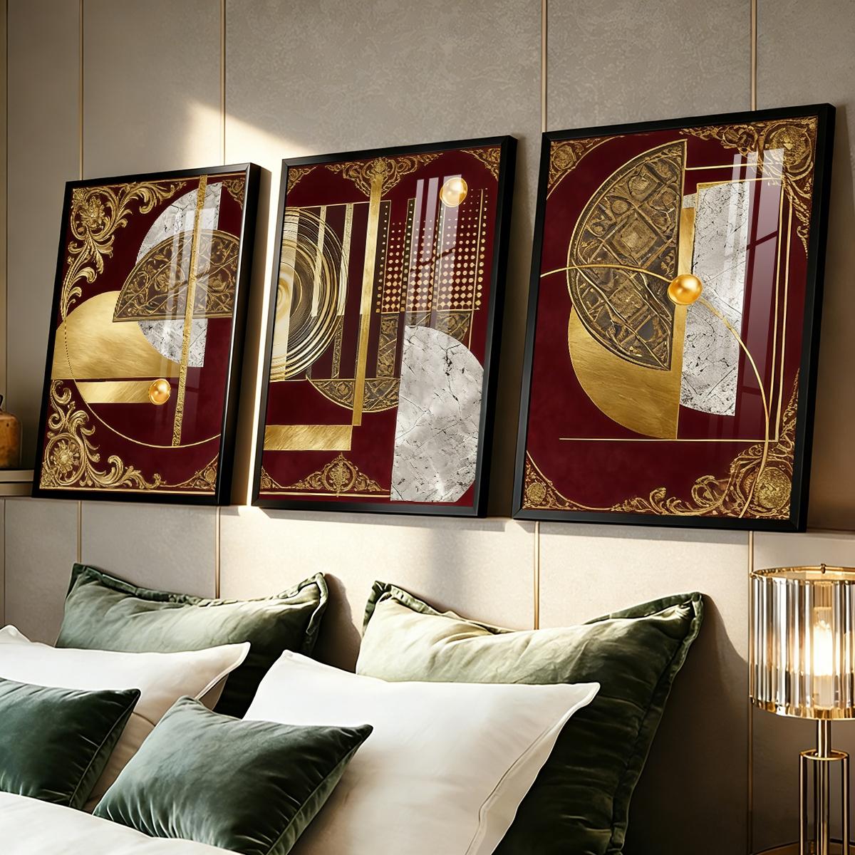 3 Counts Aluminum Alloy Framed Painting, Abstract Geometric Gold And Burgundy Art, Home Decoration For Living Room, Bedroom, Office, Restaurant, Hallway Wall Decor, Odorless Print Artwork, Luxury Perfect Gift For Friends And Family