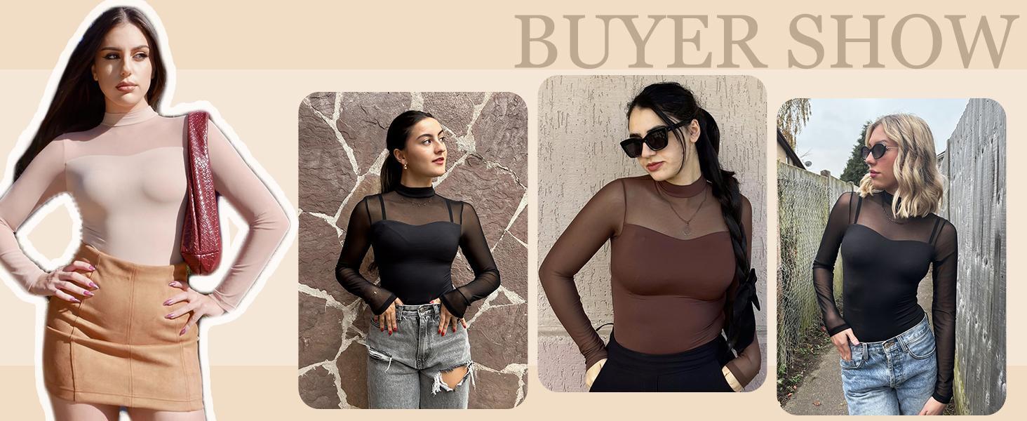Women's Double Lined Slimming Bodysuit - Mock Neck, Sheer Mesh Long Sleeve Top for a Flattering Look