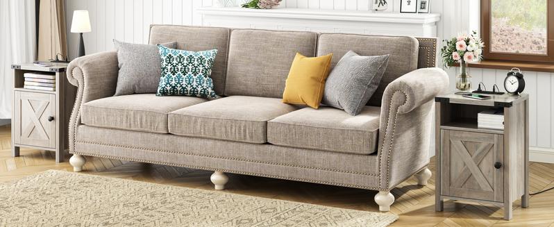 Vabches Nightstands Set of 2, Farmhouse End Tables with Charging Station, Bedside Tables with Barn Door and Shelf, Rustic Living Room Bedroom Side Table