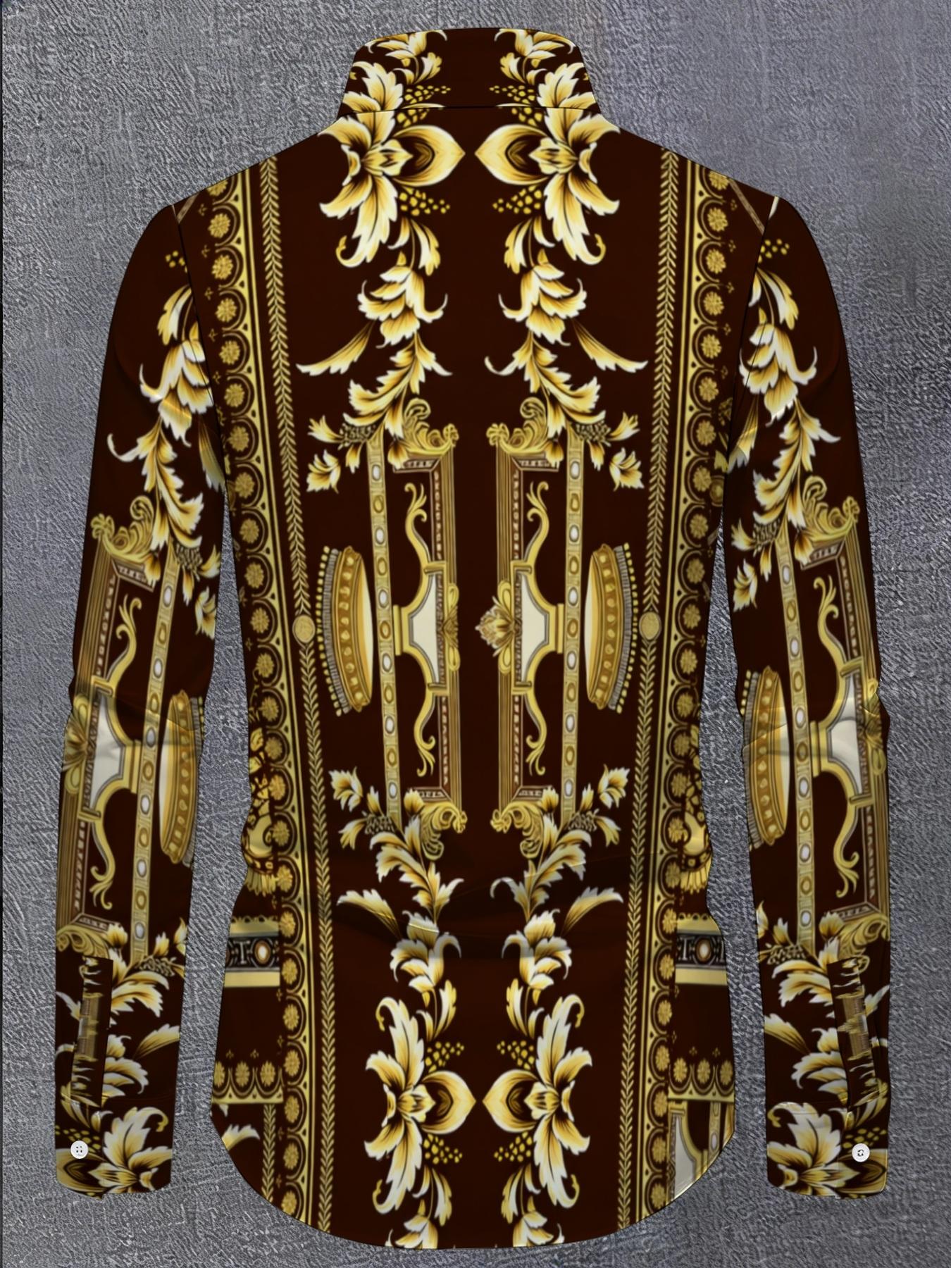 Men's Long Sleeve Shirt dark brown golden baroque print Novelty Pattern