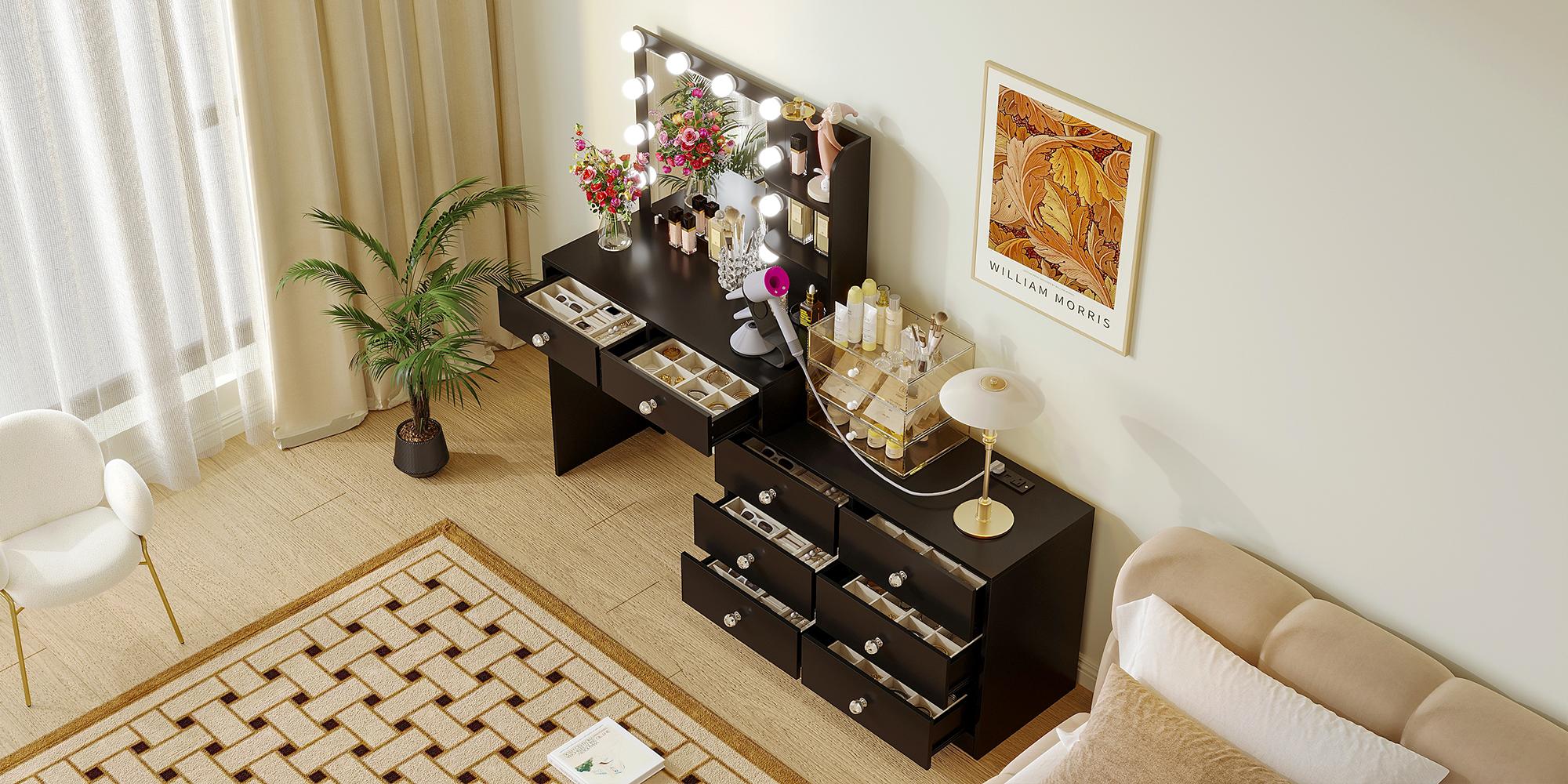 【Black Friday】VOWNER Makeup vanity mirror and Lights & Power Outlet, 8 Drawers, Makeup Vanity Table with 2 Shelves,White dressing table Furniture Storage 【Black Friday】VOWNER Makeup vanity mirror and Lights & Power Outlet, 8 Drawers, Makeup Vanity Table with 2 Shelves,White dressing table Furniture Storage