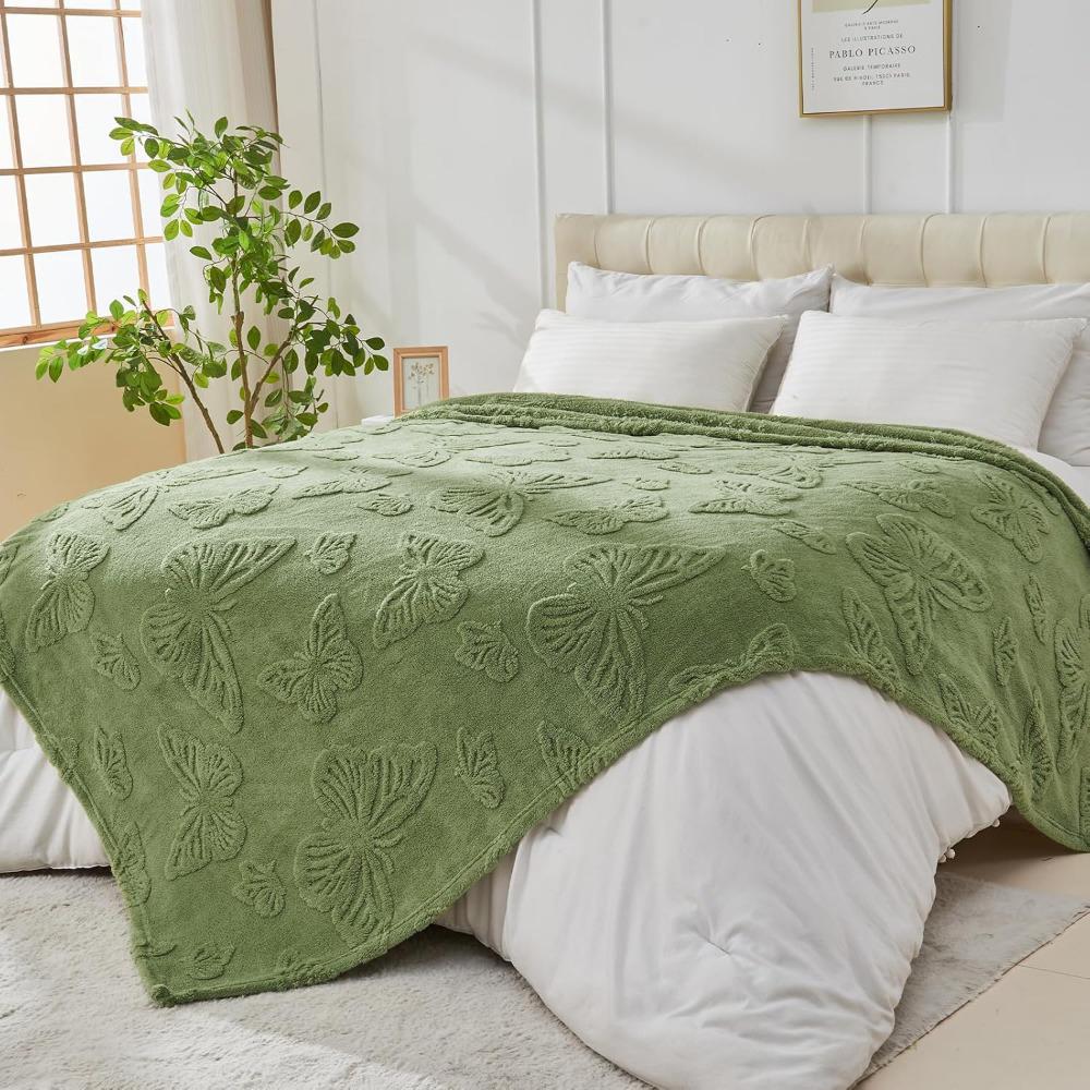 Wool Butterfly Blanket for Sofa Bed, 3D Embroidered Soft Flannel, All-Season Size, Comfortable for Bed Couch Office Camping