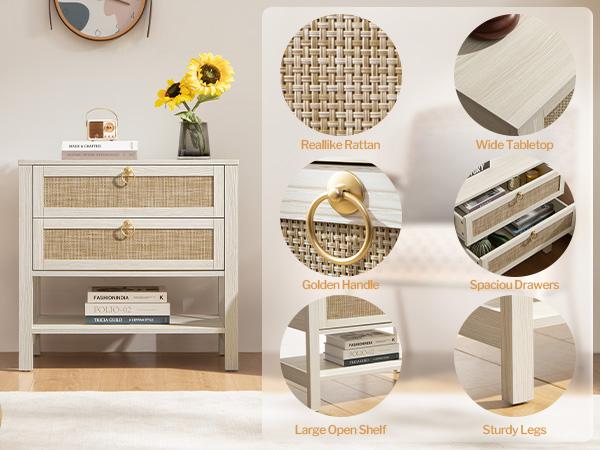 SICOTAS Nightstand Set of 2 - 15.2" x 17.7" x 23.6" Size Elegant Rattan Decor Drawer with Brass Knobs Night Stand Engineered Wood Bedside Table Boho End Tables Side Tables with Storage Shelf for Bedroom and Living Room SICOTAS Nightstand Set of 2 - 15.2" x 17.7" x 23.6" Size Elegant Rattan Decor Drawer with Brass Knobs Night Stand Engineered Wood Bedside Table Boho End Tables Side Tables with Storage Shelf for Bedroom and Living Room