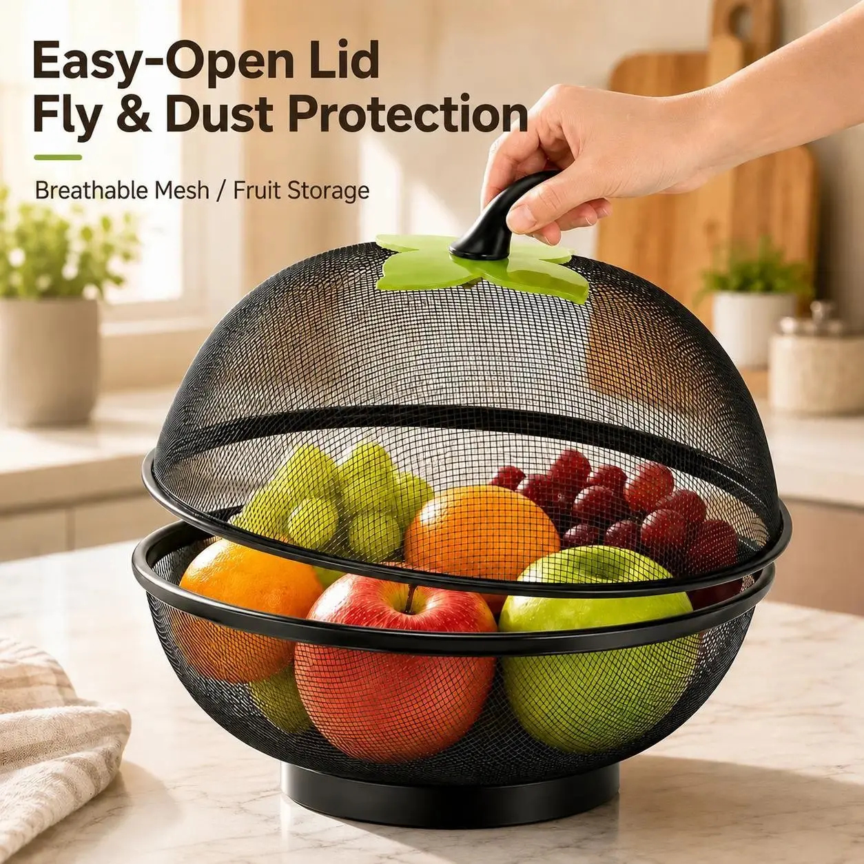 Godyna Fruits Bowl Basket, Mesh Design with Lid, Tabletop Vegetable Holder, Keeps Pets & Insects Away, Kitchen Drain Basket, Household Kitchen Supplies