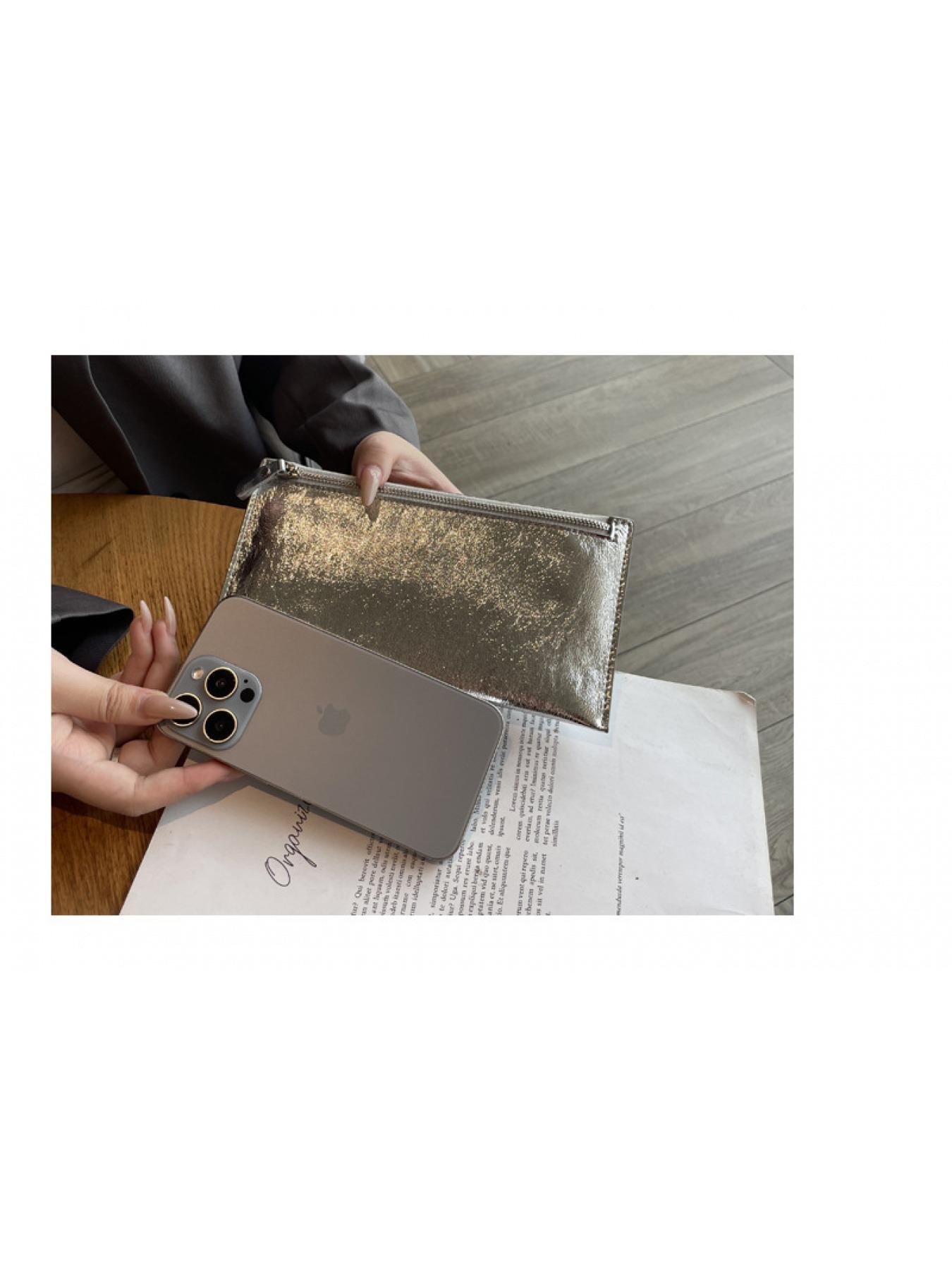Minimalist Silver Metallic Wallet - Long Slim Zip Clutch Pouch, Versatile Daily Use Card & Coin Holder for Women