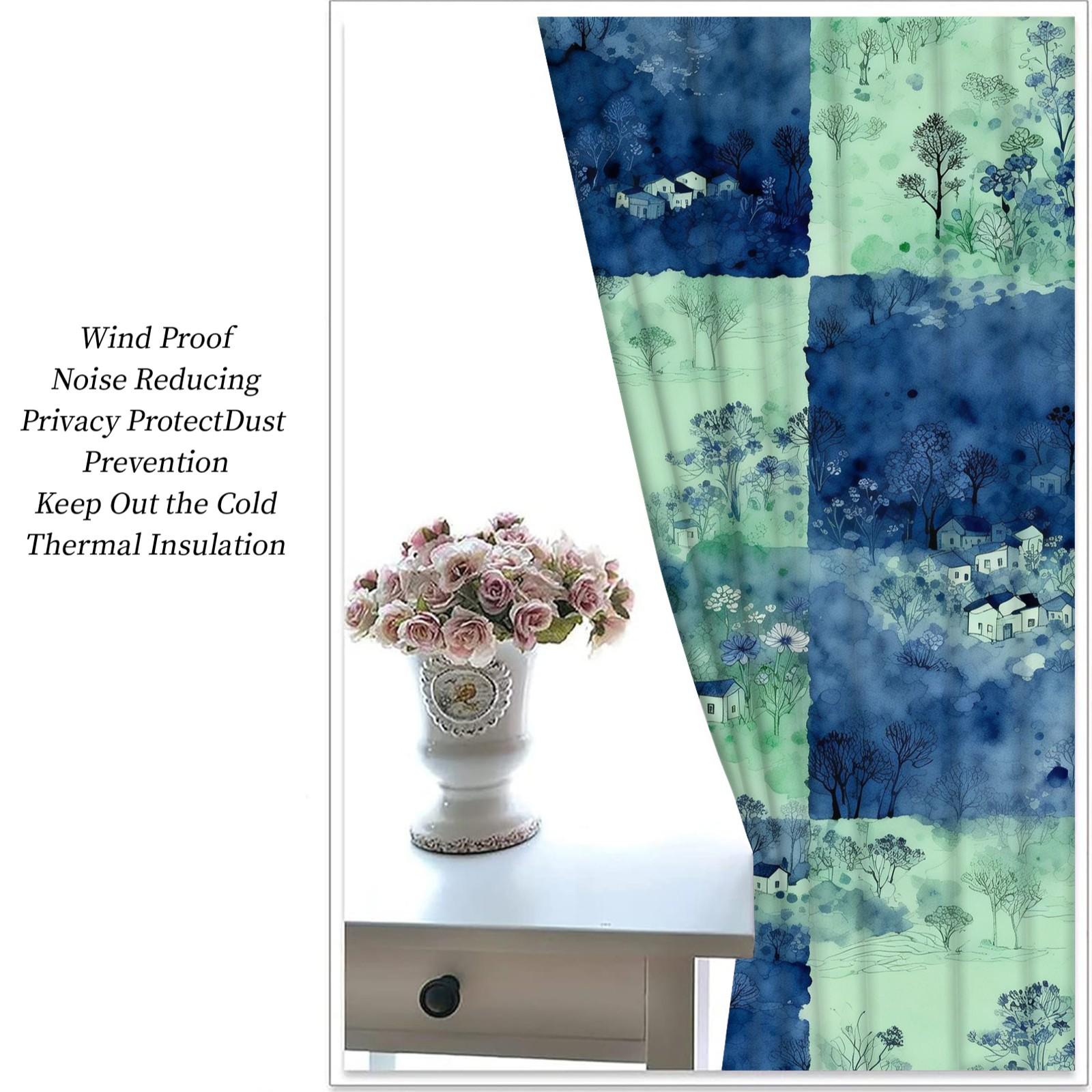 2 Panels Watercolor Landscape Checkered Curtains, HD Digital Printed Blackout Curtains, 85% Light Blocking Rate, Dustproof Decorative Curtains for Bedroom and Living Room