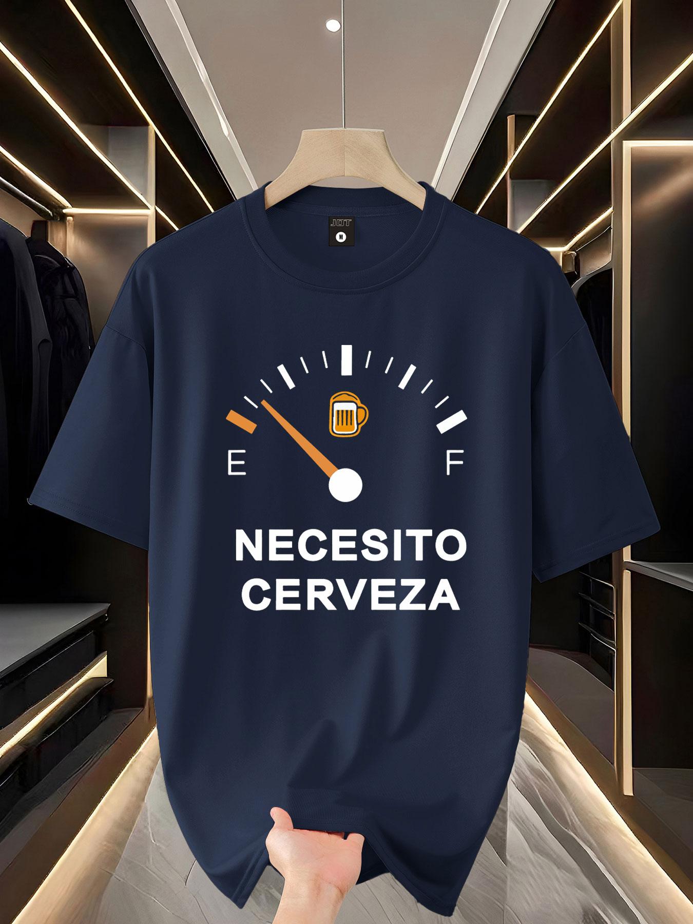 Funny Beer-Themed Short Sleeve T-Shirt, Fun Design with Spanish Text & Gas Gauge Graphic, Perfect for Casual Wear