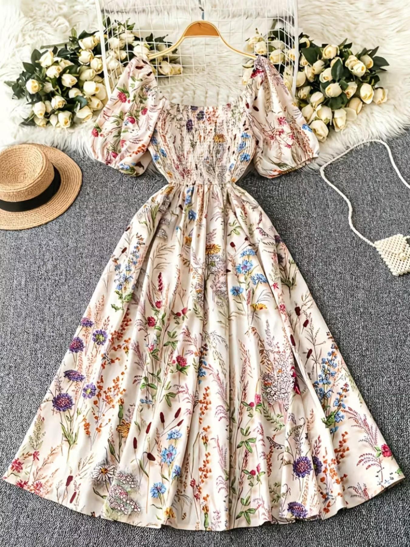 Elegant Floral Dress with Square Neck Design, Bow Back Belt, Casual Vacation Wear, Spring Summer Fall Fashion, Loose Comfortable Skirt