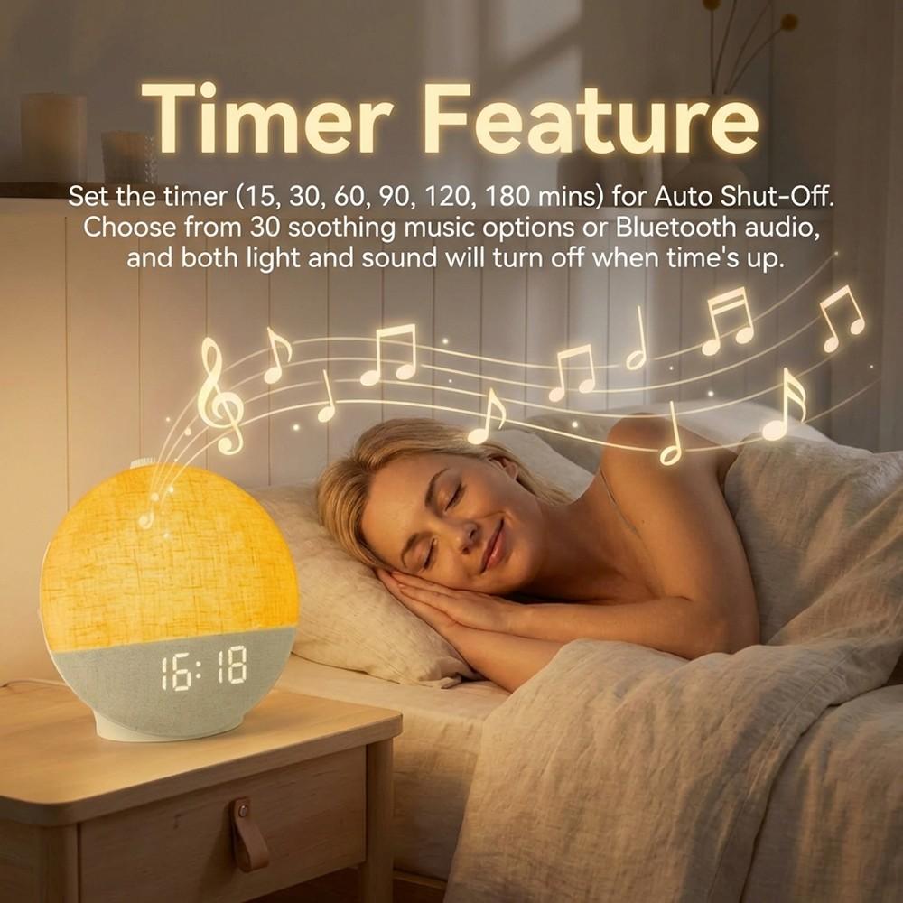 Sunrise Multifunctional Alarm Clock with White Noise Machine, Bluetooth Speaker, Color Changing Night Light, Fabric Cover, for Bedroom – Perfect Gift for Adults and Kids, Sleep Aid & Home Decor