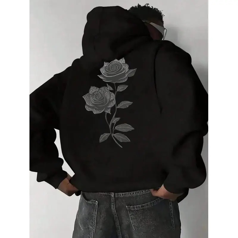 Vintage Grey Sketch Rose Back Print Hoodie, 270G Brushed Fleece Minimal Floral Aesthetic Black Hooded Sweatshirt, Gothic Casual Streetwear Pullover For Men Women