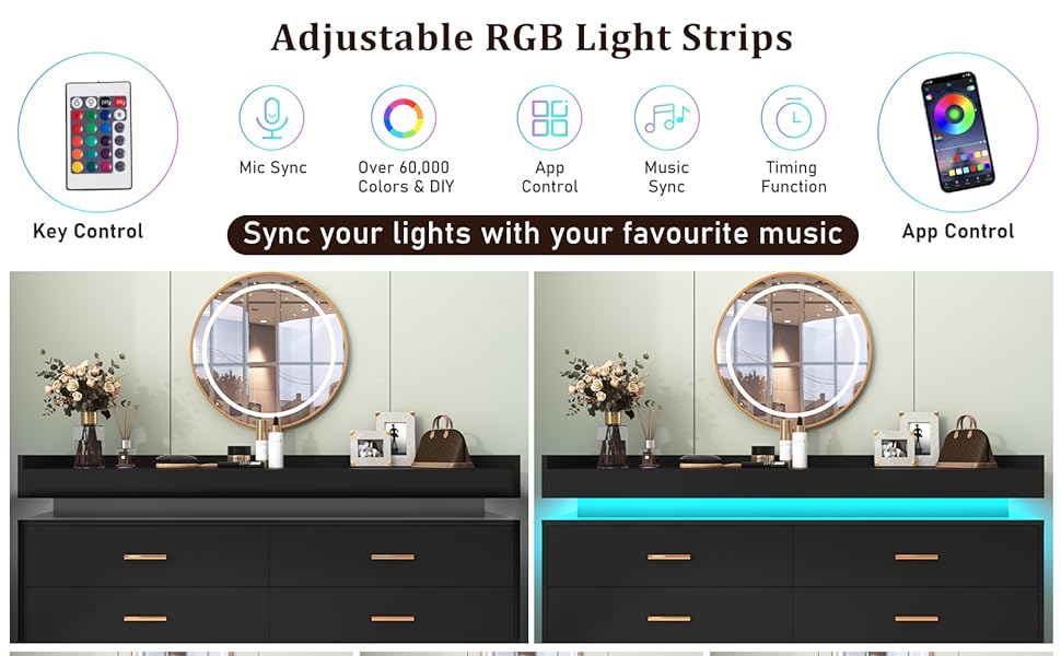 6 Drawer Dresser with LED Light, Modern Chest of Drawers for Closet, Wide Drawer Organizer Cabinet for Bedroom, Living Room, Entryway, Hallway