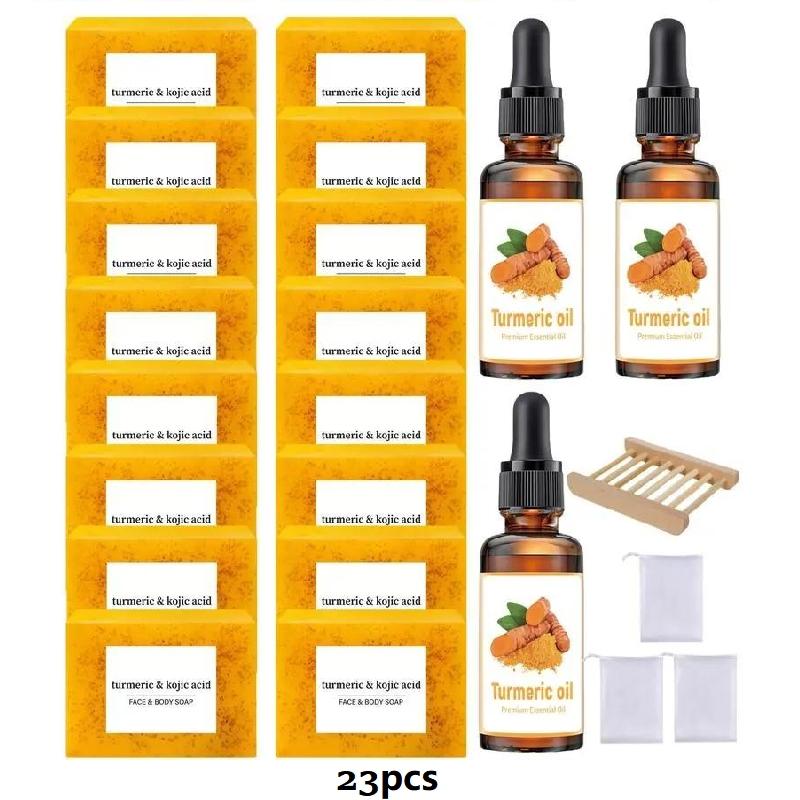 Turmeric Body Care Kit, 23pcs/set Turmeric Soap & Turmeric Oil & Soap Box & Soap Bag, Body Care Kit for Women & Men, Body Essentials Set