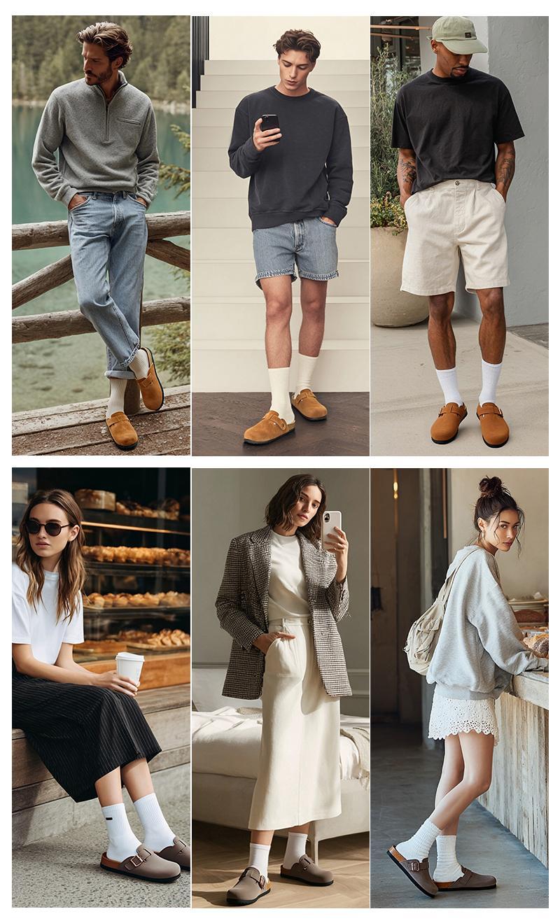 [Half Size Up!!!]Trary Women Genuine Leather Round Toe Cork Footbed Clogs Potato Shoes with Arch Support Adjustable Buckle Clogs Non-Slip Slippers Retro Fashion Walking Shoes