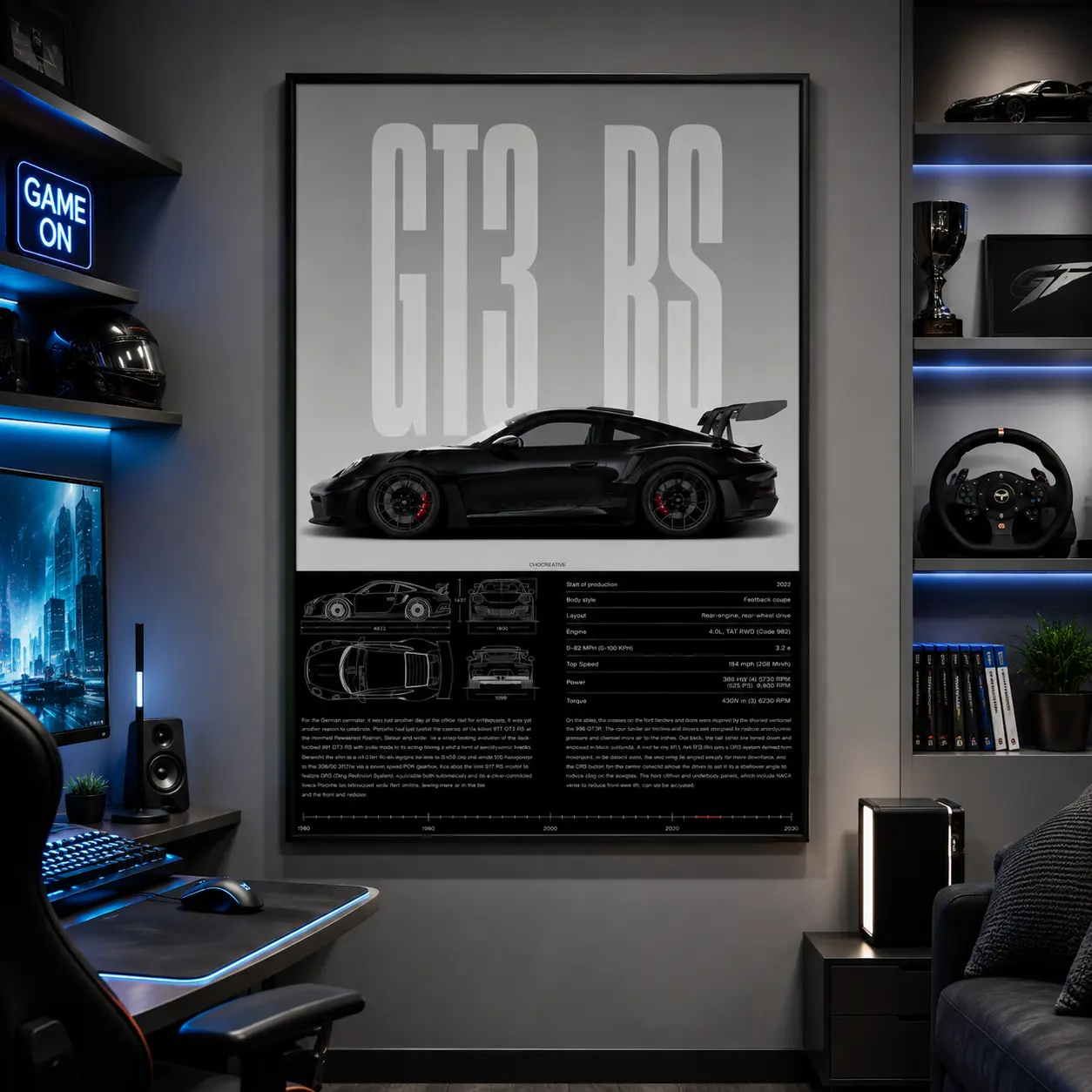 Porsche GT3 RS Black Warrior supercar poster, Unframed Art Print, Art Canvas Prints, Wall Picture Decor, Living Room Bedroom Office Decor, Car Wall Decor, Garage Decor, Racing Wall Art, Man Cave Decor, Room Decor Wall Art