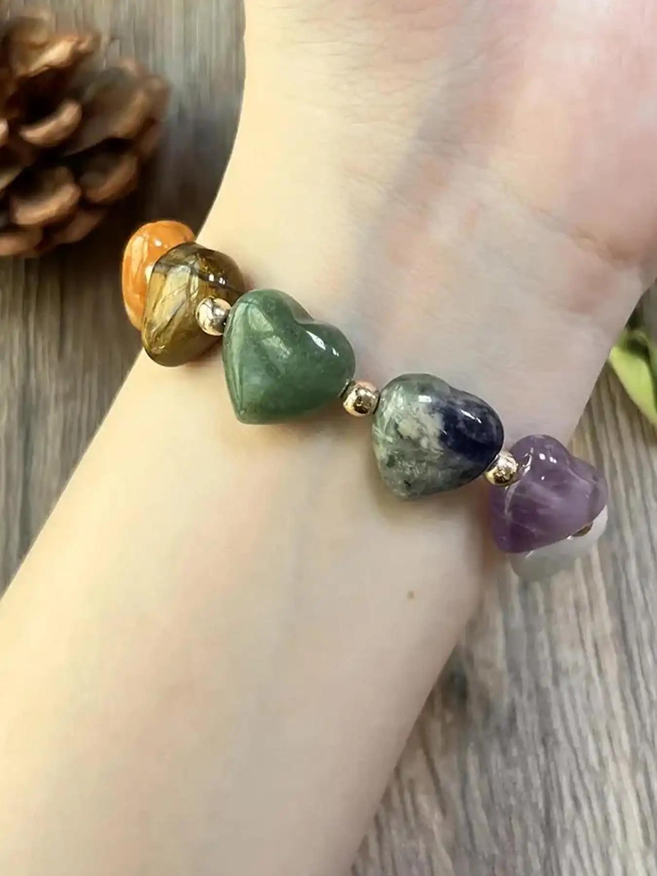 Bohemian Casual Seven-Color Heart Stone Beaded Adjustable Bracelet, Vintage Unisex Yoga Bracelet for Daily Wear