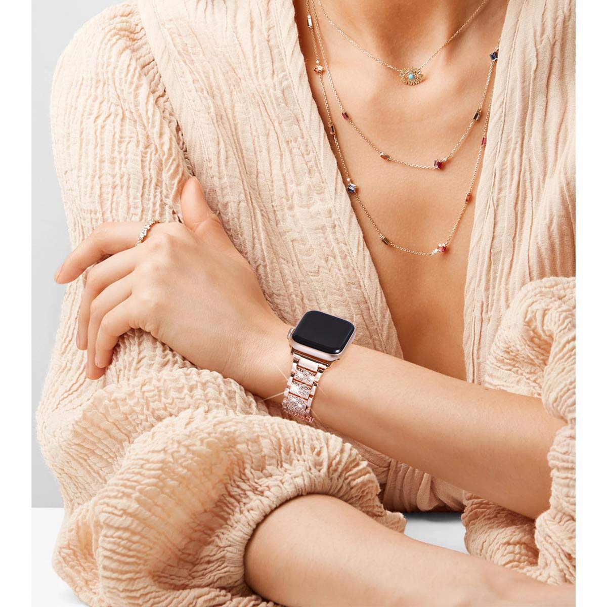 Bling Rhinestone Apple Watch Band – Three-Bead Metal Bracelet Strap for Women, Luxury Dressy Jewelry Style, Compatible with 38–49mm Series 1–11, SE, Ultra