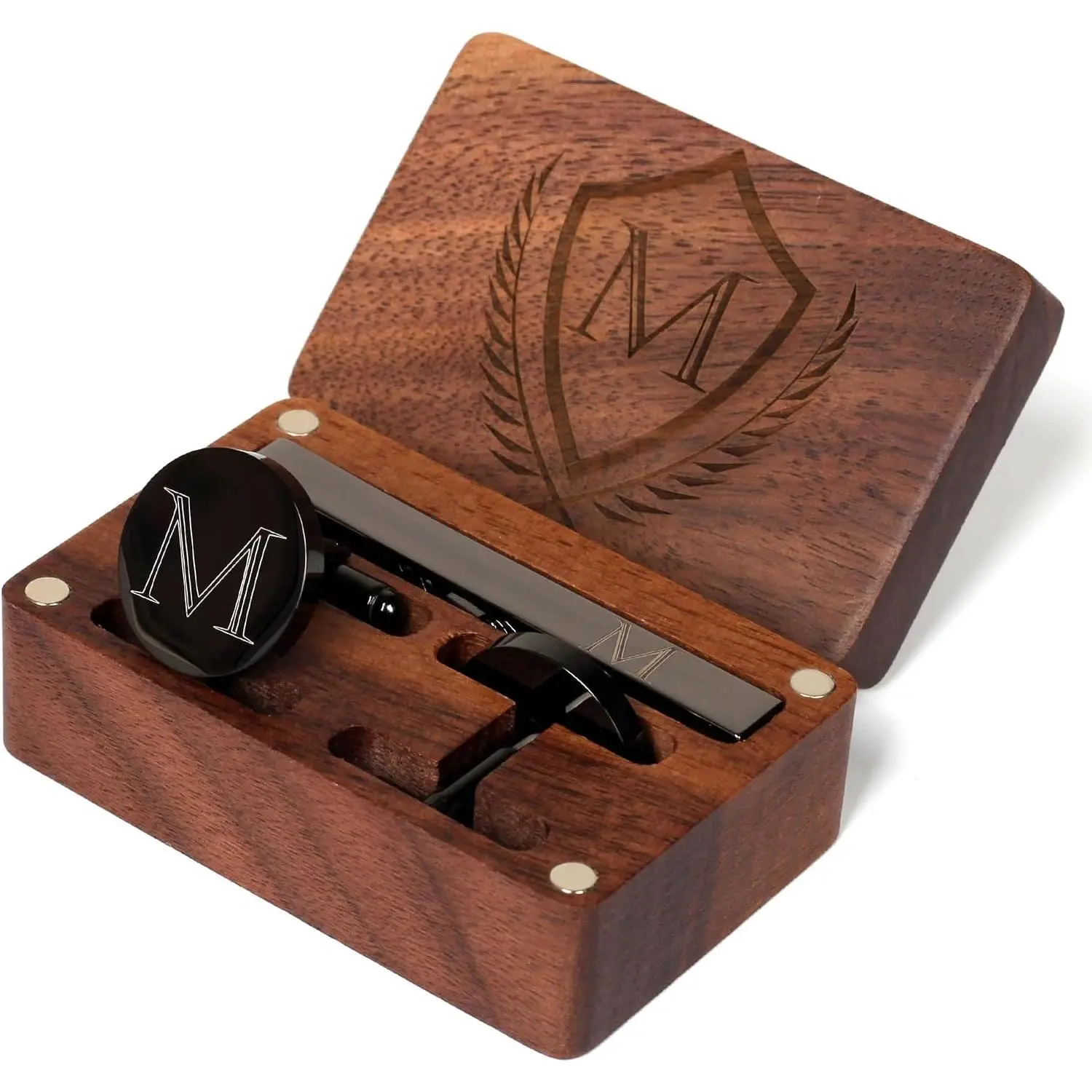 Mens Initial Cufflinks and Tie Clip A-Z Alphabet Letter Black Stainless Cuff Links Tie Bar with Engraved Walnut Wood Box Groom Groomsman Wedding Set