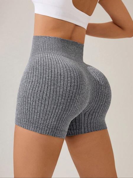 Women's Solid Ribbed Sports Shorts, High Stretch Shorts, High Waist Tummy Control Butt Lift Training Shorts, Ladies Sportswear for Indoor Outdoor Wear