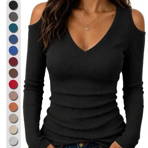 European-Style V-Neck Long Sleeve Women's T-Shirt, Solid Color, Fitted Minimalist Design, Casual Daily Wear