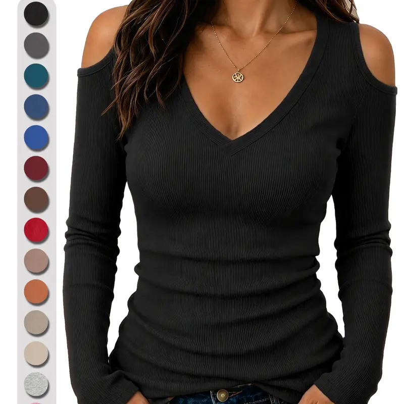 European-Style V-Neck Long Sleeve Women's T-Shirt, Solid Color, Fitted Minimalist Design, Casual Daily Wear