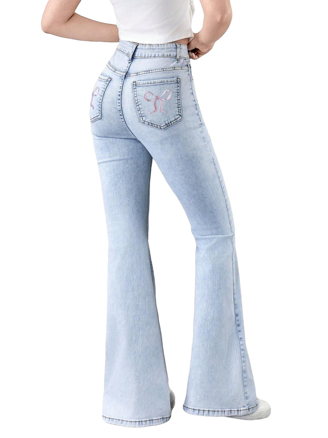 Girls Light Blue Wide Leg Jeans 130-160cm, Retro Bowknot Embroidery Denim Jeans, Kids Contrast Stitching Baggy Trousers, Sweet Summer Aesthetic