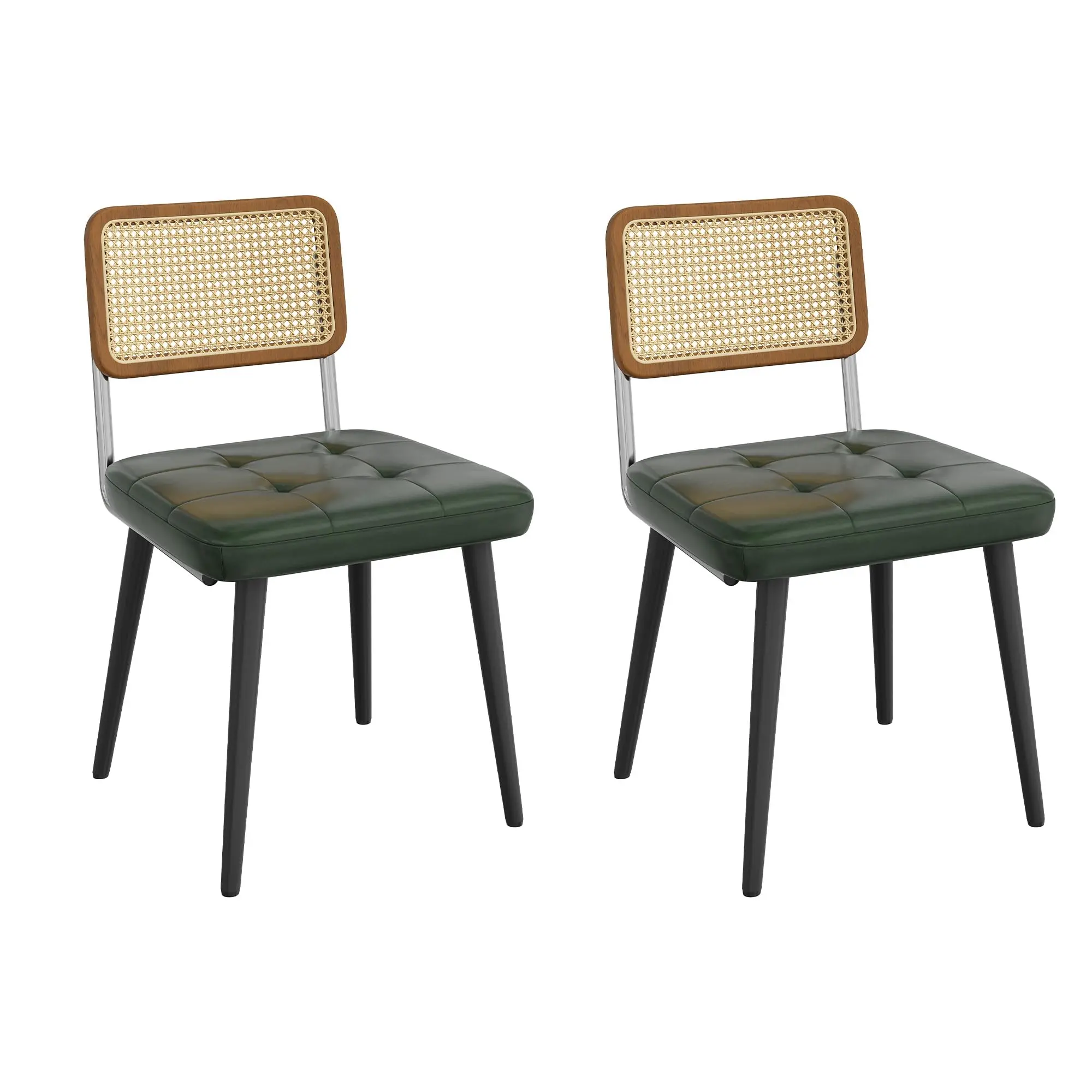2PC Modern Rattan Dining Chair, Mid-Century Style Chairs with Breathable Rattan Backrest and PU Cushion
