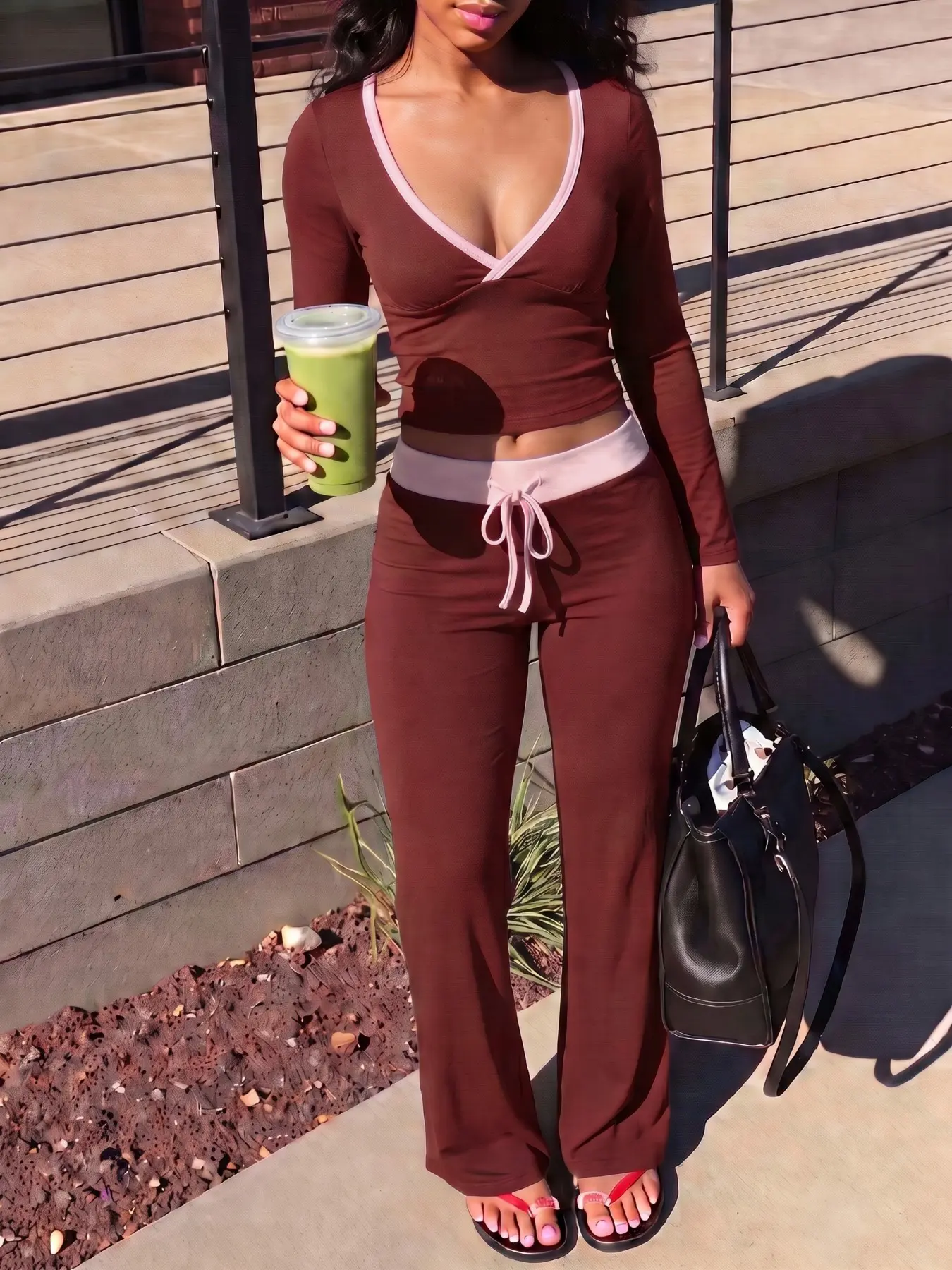 Women 2 Piece Set Contrast Trim Matching Outfit, V‑Neck Long Sleeve Crop Top & Drawstring Waist Flare Pants, Soft Stretchy Knit Fabric, Y2K Streetwear, Slim Fit Co‑Ord Loungewear, Trendy Casual Daily Going‑Out Autumn Outfits
