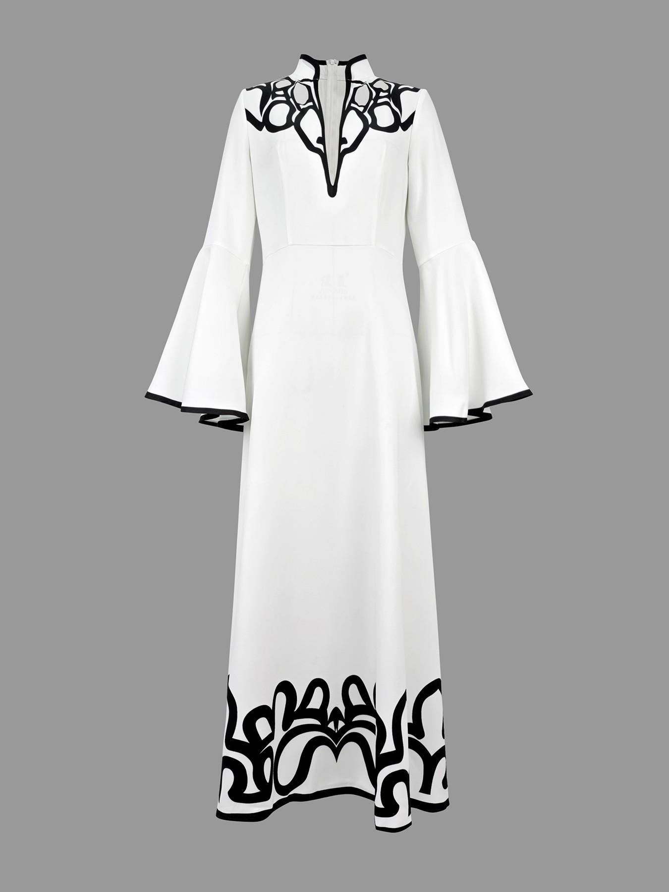 Women's A-Line Flare Sleeve Abstract Print Colorblock Cut-Out Patchwork Stand Collar Long Dress, Elegant Casual Fashion