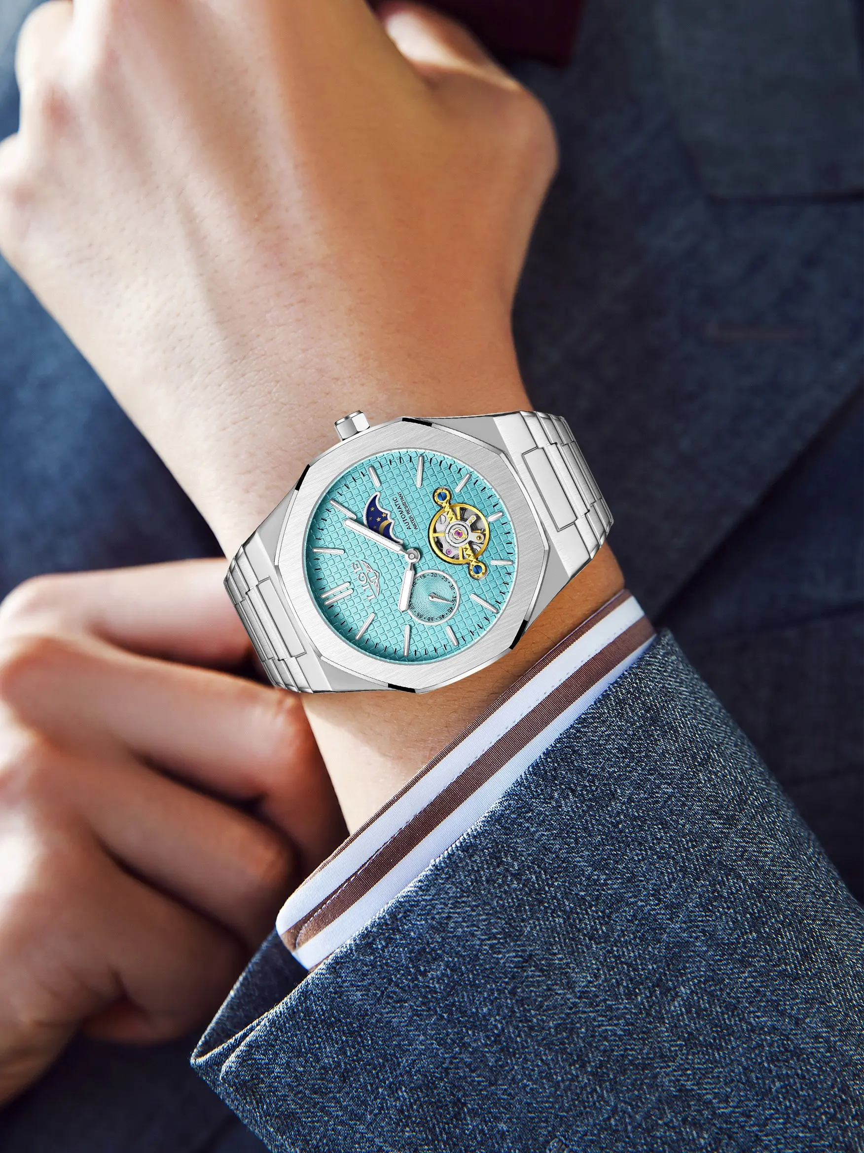 Lige Classic Design Octagonal Analog Mechanical Watch, Unisex Timepiece for Daily Wear & Formal Occasions, Perfect Gift Choice