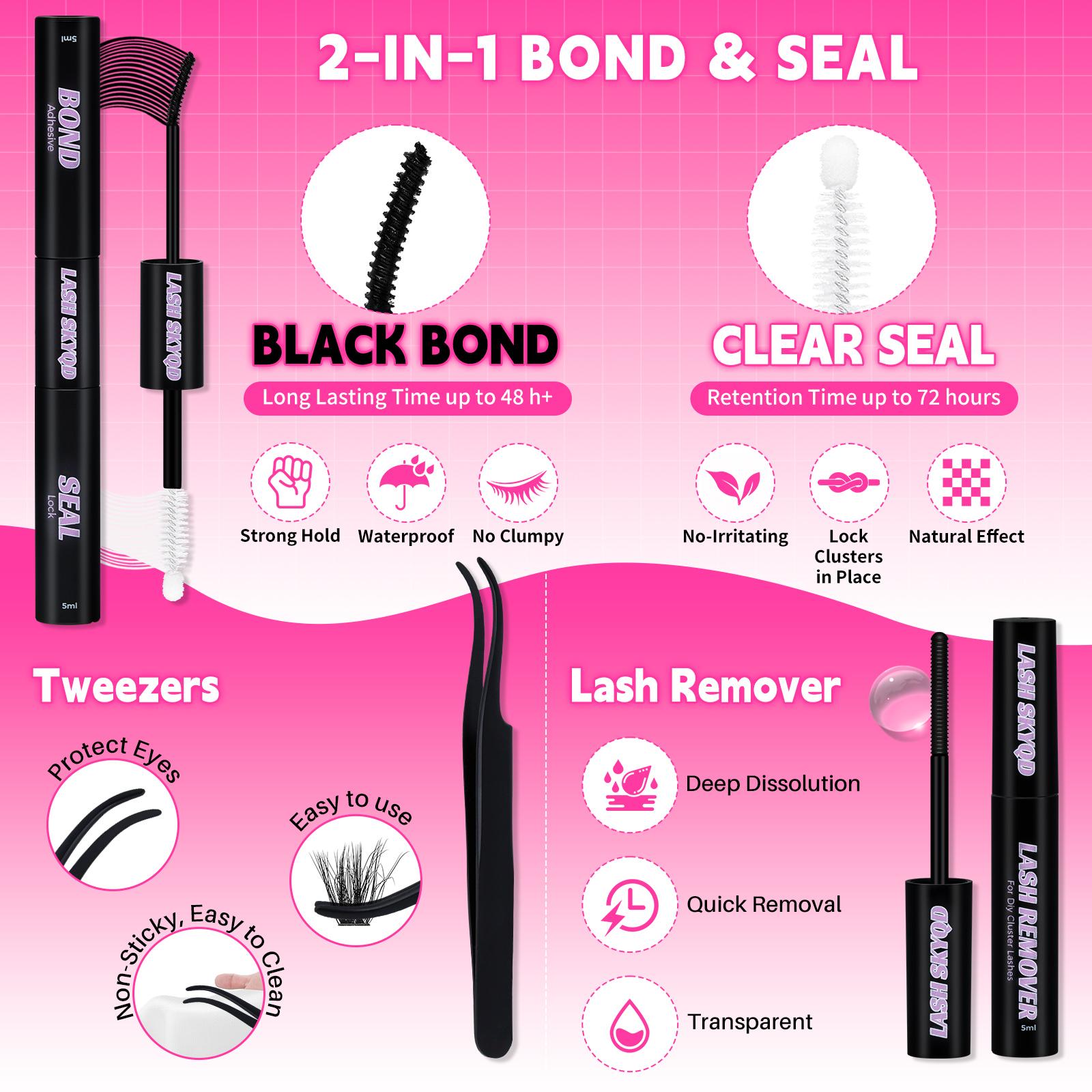 LASH SKYQD Mix Lashes Clusters Kit Gift Packs 1464Pcs With Bond&Seal Remover Tweezers Eyelash Curler Lash Brush,Bottom/Spike/Mega/Cat Lashes 3D Effect False Eyelash DIY Individual Clusters Lash Kit Perfect for Beginners & Proficient, Eyelash Extension Kit