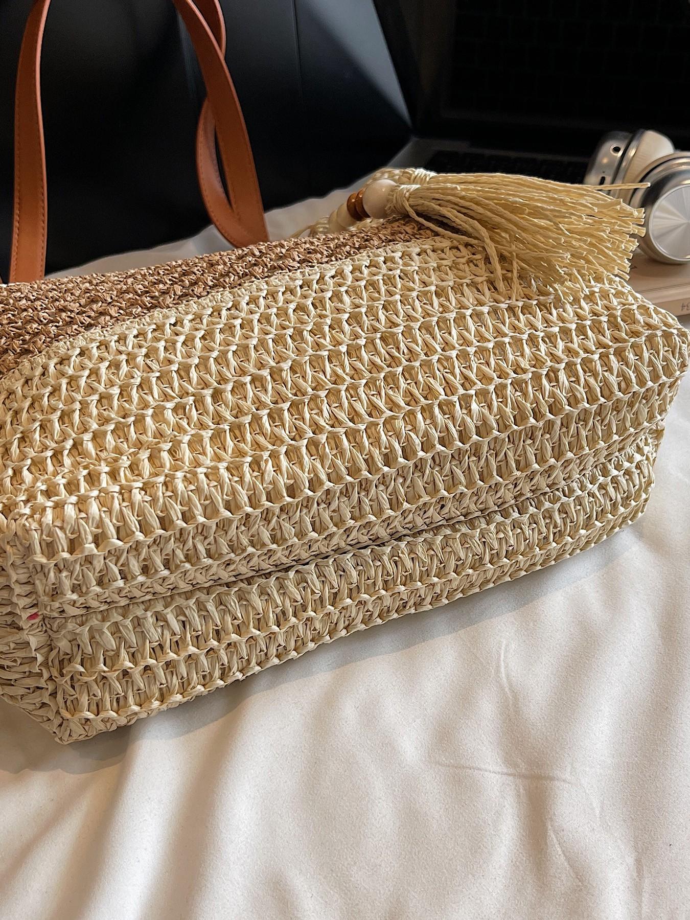 2026 Summer Bohemian Tote Bag, Handwoven Raffia, Leather Strap, Pearl Fringe, Large Capacity, Perfect for Daily Use, Fashionable & Comfortable