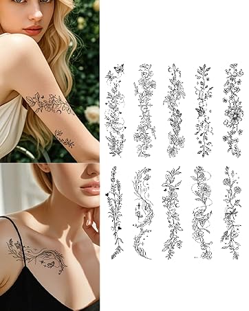 Black Butterfly Temporary Tattoos 12 Sheets Floral and Celestial Designs Waterproof Fake Tattoos Body Art Stickers for Women(Black butterfly-12C）