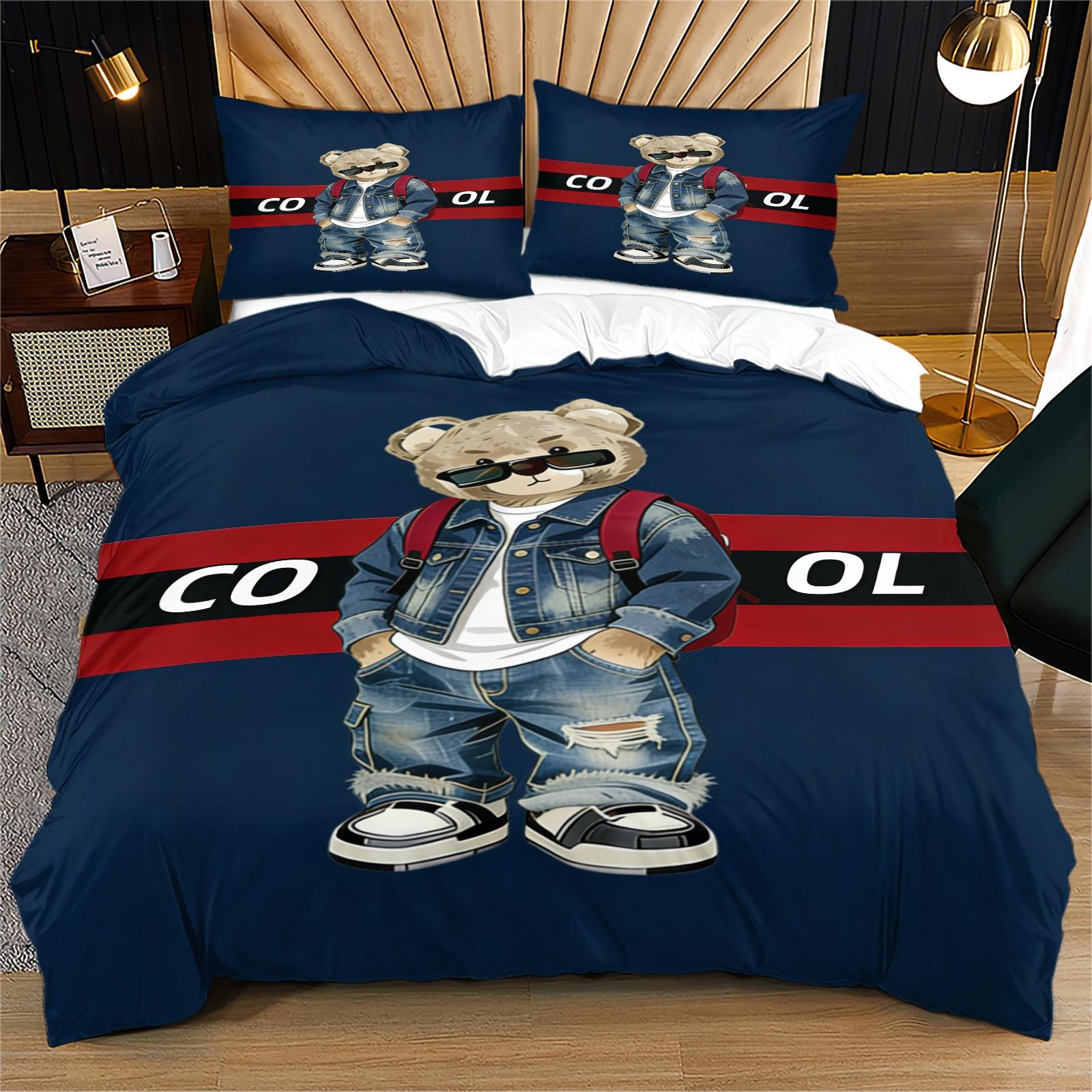 Trendy Bear Print Quilt Cover Set, includes 1 quilt cover and 1 or 2 pillowcases, does not include quilt or pillow inserts, suitable for bedroom or dormitory bedding sets, ideal for gifting or personal use