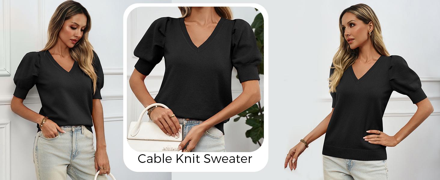 Cicy Bell Women’s Puff Short Sleeve Sweater Tops All season Trendy Casual Vneck Knitted Basic Fitted Minimalist Lightweight Knitwear Womenswear