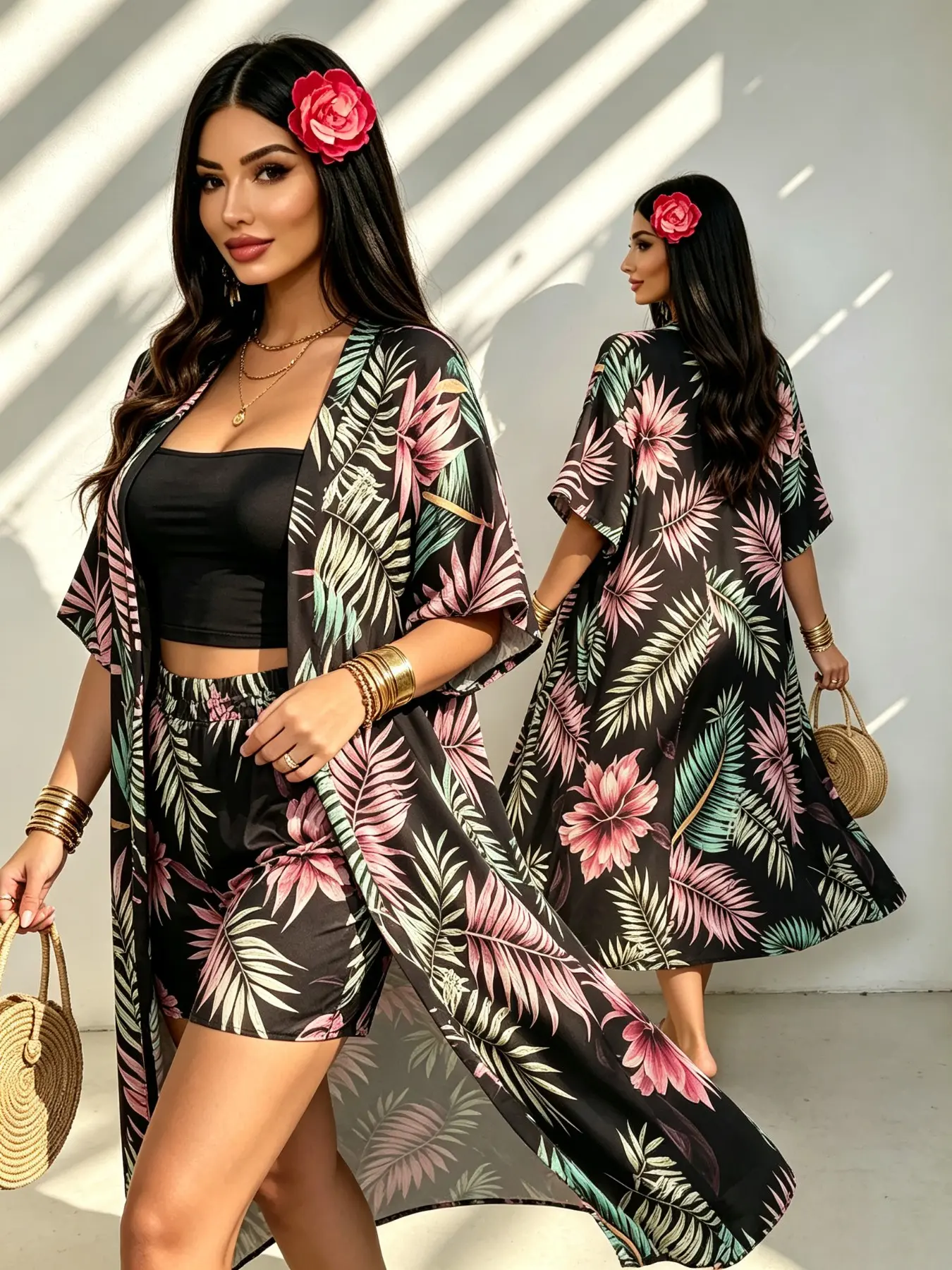 Women's Plus Size Two-Piece Matching Set, Summer New European Style, Boho Fashion, Random Print Kimono Cropped Top and Shorts, Slant Pocket