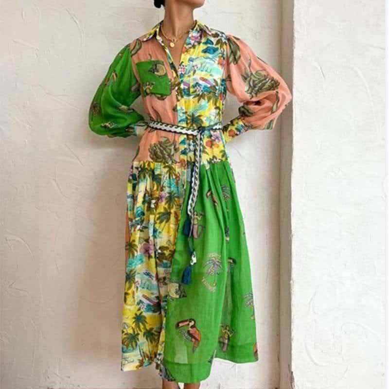 2026 European and American Women's Spring New Lantern Sleeve Printed Collar Waist-Cinching Flared Dress