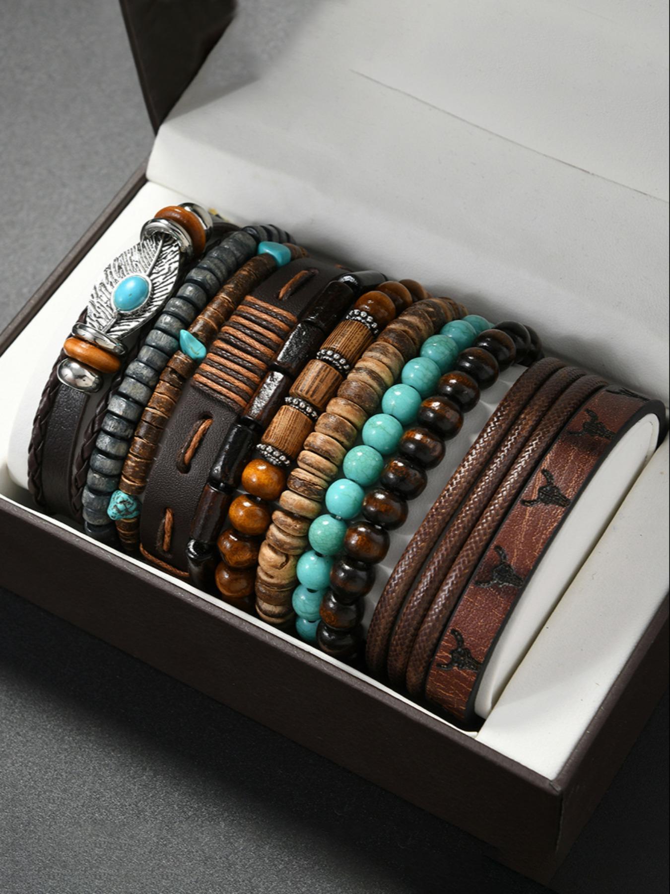 Men's Vintage Casual Bohemian Style Beaded Bracelet Set, Fashion Turquoise Beaded PU Leather Bracelet Set, Stylish Gift for Boys Daily Wear, High Quality Bracelet