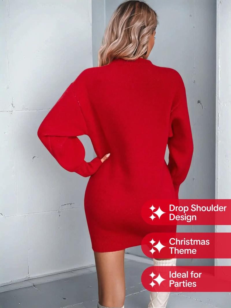 Women's Christmas Letter Print Drop Shoulder Sweater Dress, Casual Long Sleeve Round Neck Jumper Dress for Daily Outdoor Wear, Women Knitwear for Fall & Winter Women's Christmas Letter Print Drop Shoulder Sweater Dress, Casual Long Sleeve Round Neck Jumper Dress for Daily Outdoor Wear, Women Knitwear for Fall & Winter