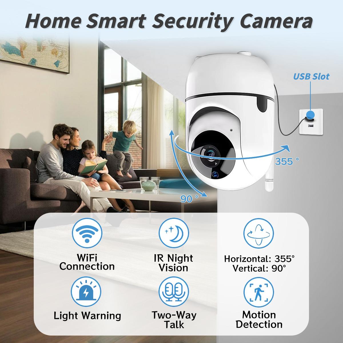 1080p Smart Security Camera, HD Quality, Infrared Night Vision, PIR Motion Detection, Baby/Pet Monitor Camera, Two Way Audio, 360 Degree for Home Security, 24/7 Continuous Recording, White Security Camera for Home/Warehouse/Store
