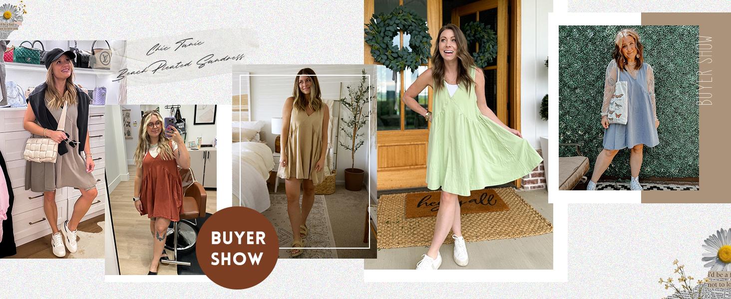 UANEO Women's V-Neck Tank Sundress Summer Sleeveless A-Line Mini Dress Casual Loose Dresses with Pockets