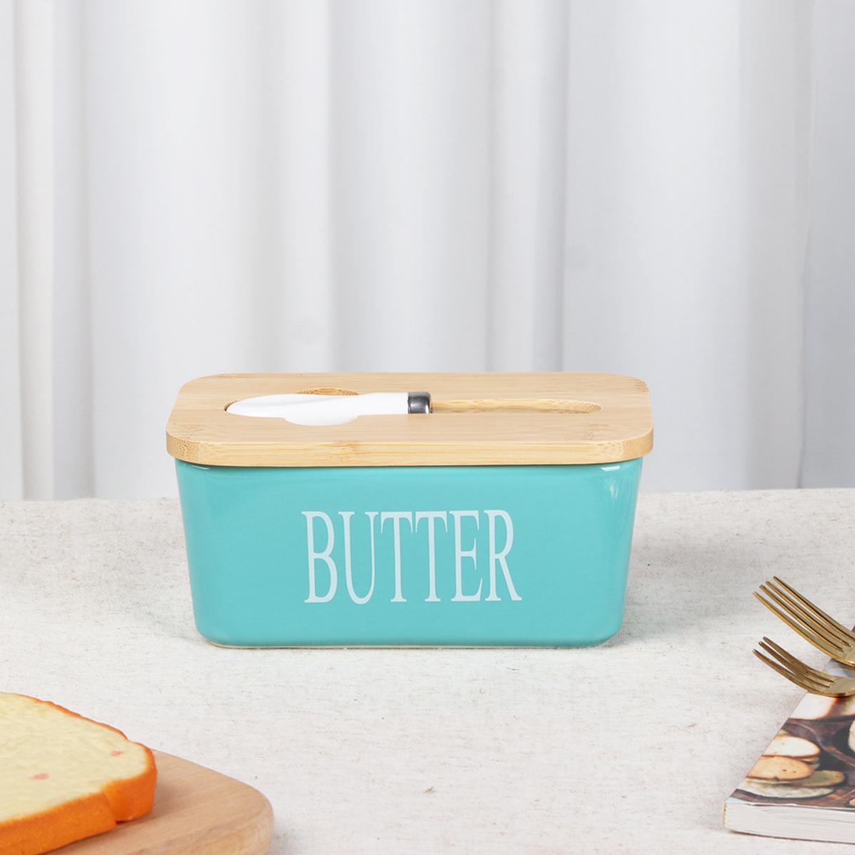 Ceramic Butter Dish with Knife, Rectangular Cheese Container with Wooden Lid, Ceramic Butter Box for Kitchen Use