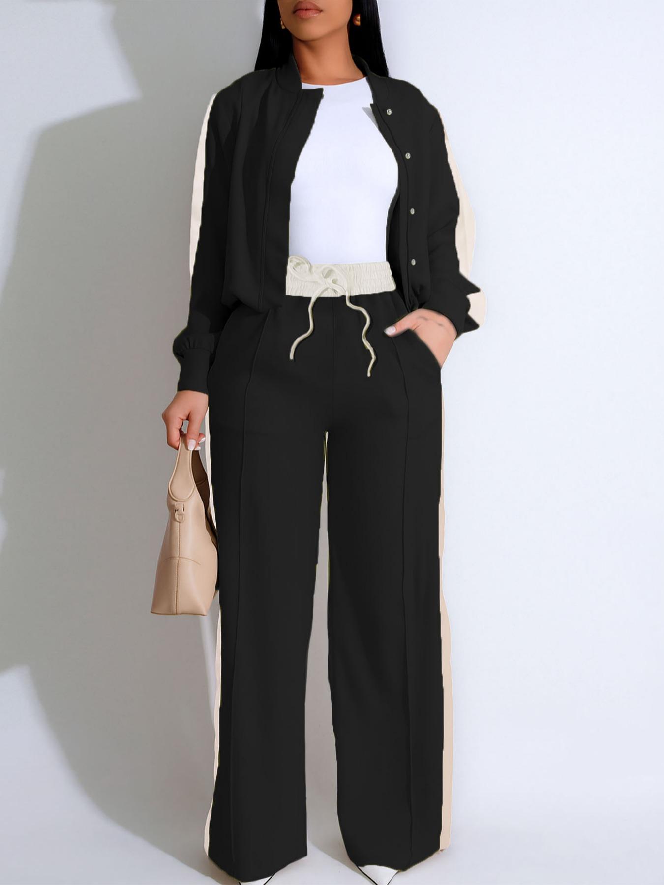 Women's 2-Piece Colorblock Fitted Zipper Jacket & Wide-Leg Pants Set, Casual Streetwear, Daily Commute Fashion, Trendy Women's Clothing