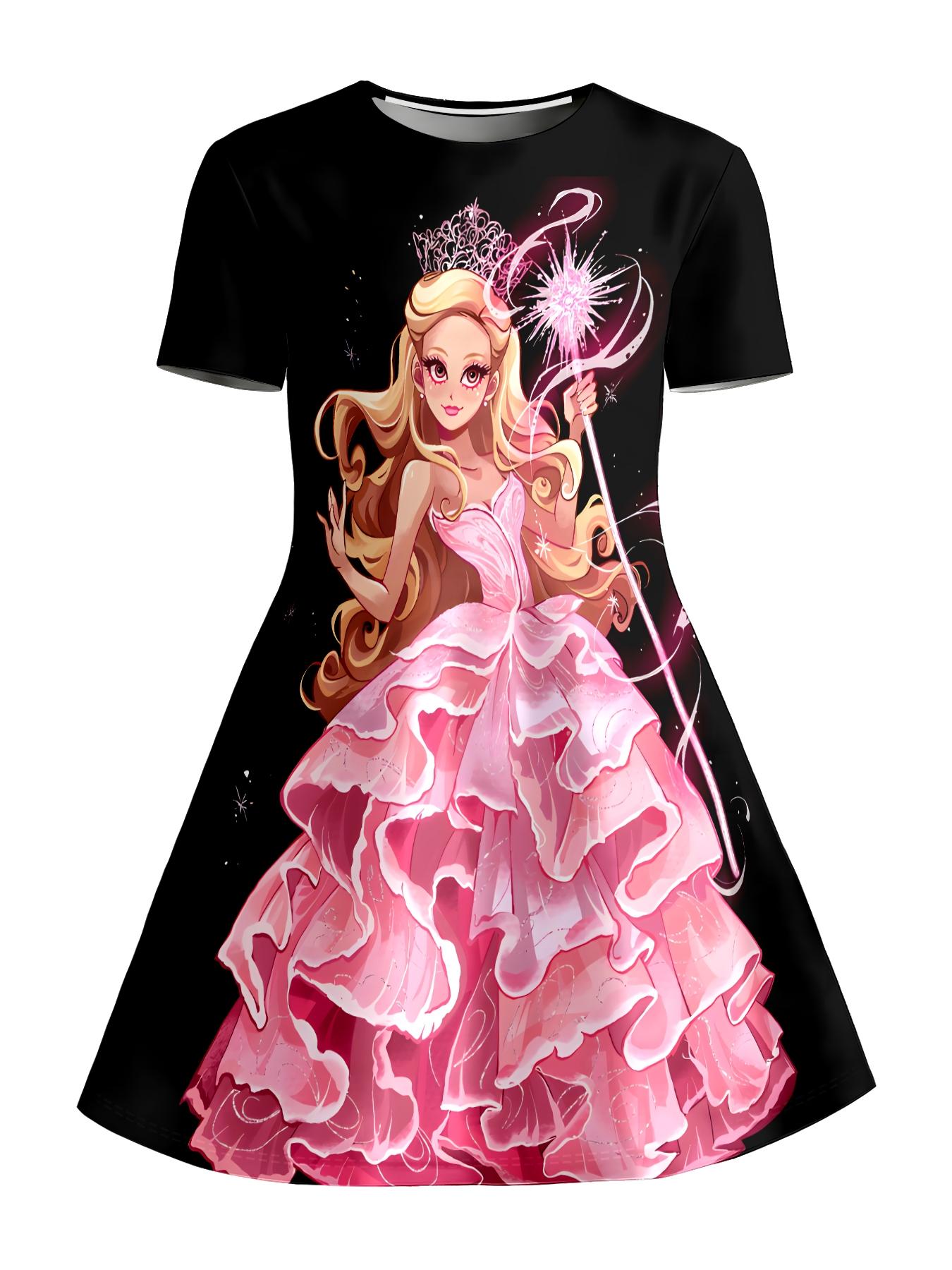 Girls Summer Pink Gown Princess Print Dress, Kids Black Background Magic Scepter Crew Neck Short Sleeve A-Line Dress