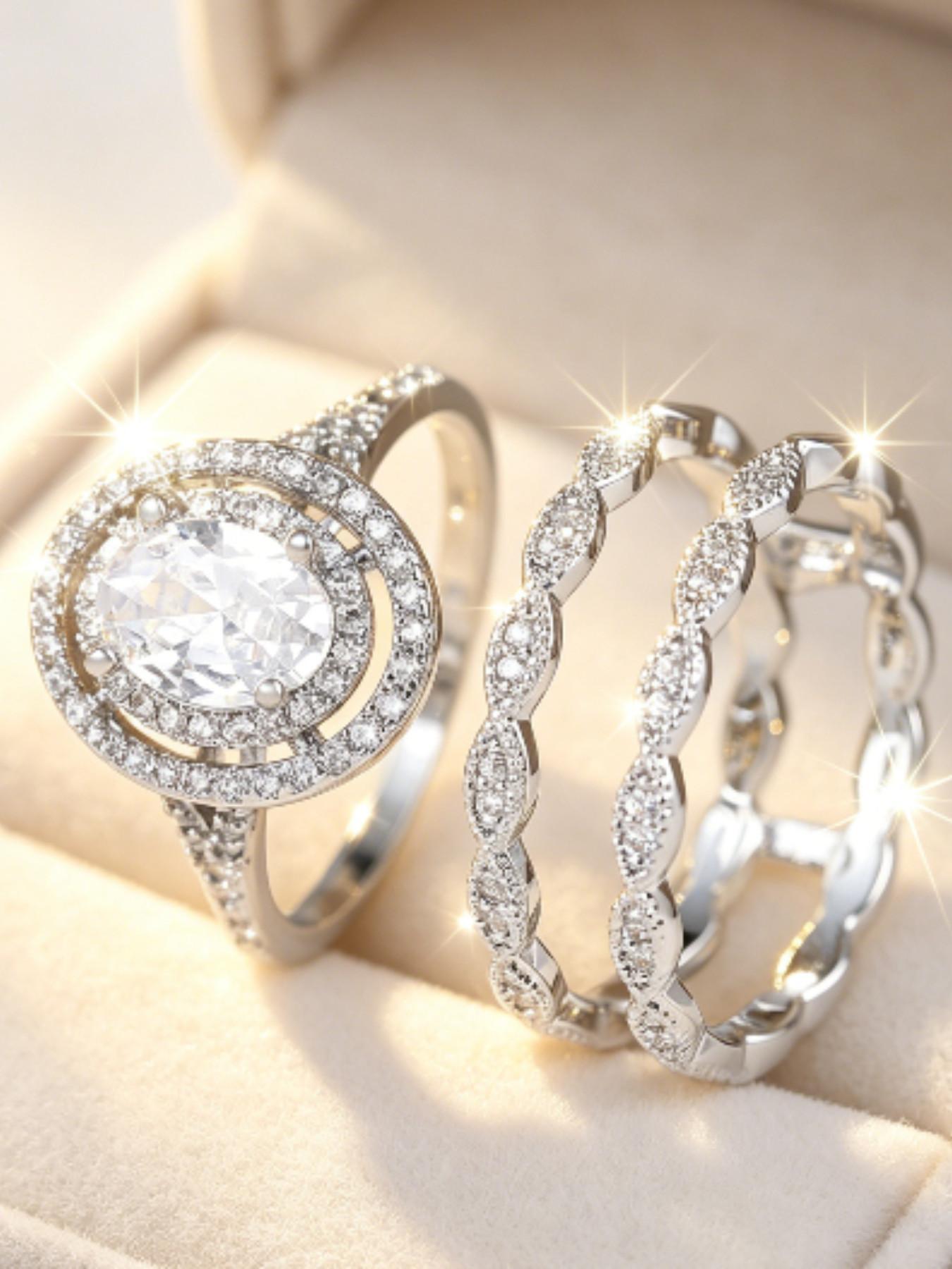 Super Large Shimmering Synthetic Oval Zircon Three-Piece Elegant Ring Set, Birthstone Engagement Ring, Luxurious Fashion Classic, Perfect for Weddings, Parties, Dates, Holidays