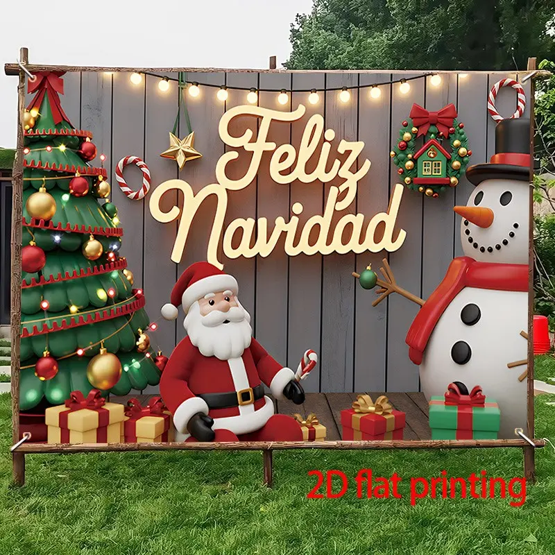 2D Flat Banner 1pc, Christmas Scene with Santa, Snowman, Decor Tree, Gifts, Wreath, Feliz Navidad, Outdoor Party Decoration
