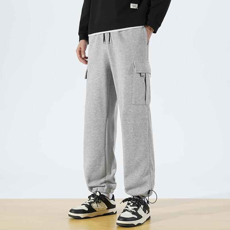 Men's Heather Gray Plain Elastic Cargo Sweatpants - 100% Polyester Fabric Menswear Bottoms, Multi-Pockets, Drawstring Waist, Adjustable Ankle Cuffs, Straight Leg, Relaxed Fit Soft Streetwear for Daily Errands, Lounging